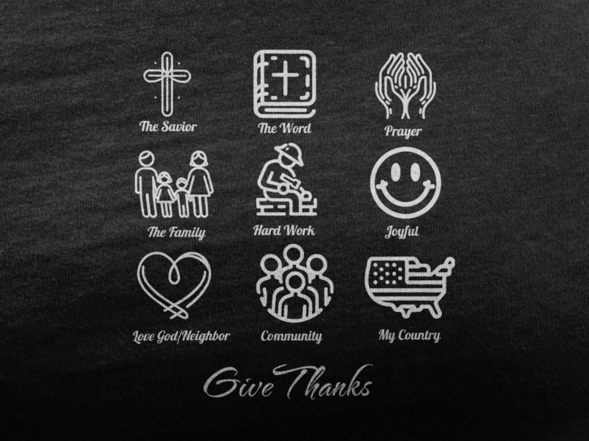 Icons of Faith and Life T-Shirt - Nine Christian Virtues and American Life Design