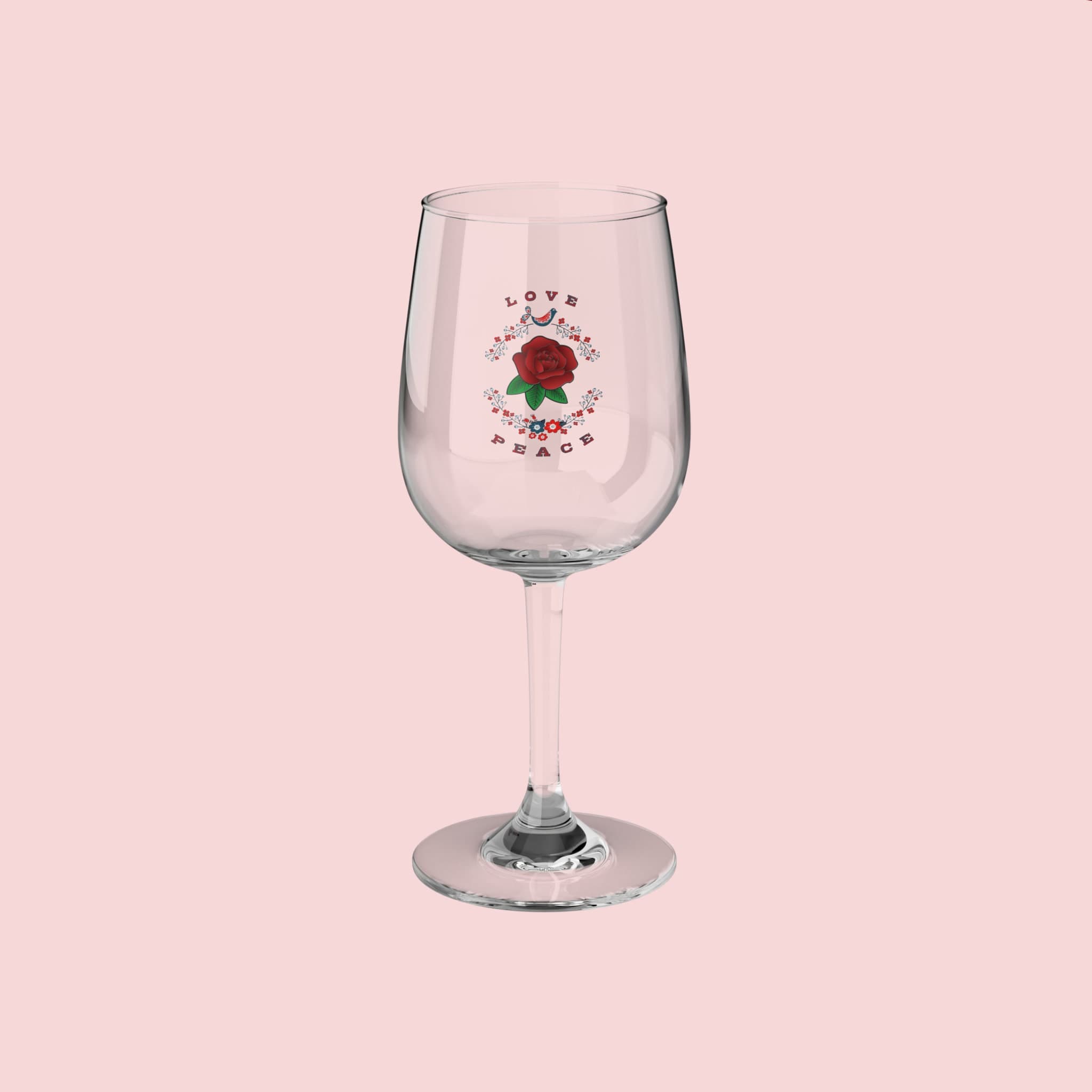 Love and Peace Floral Wine Glass 12oz, Red Rose Design
