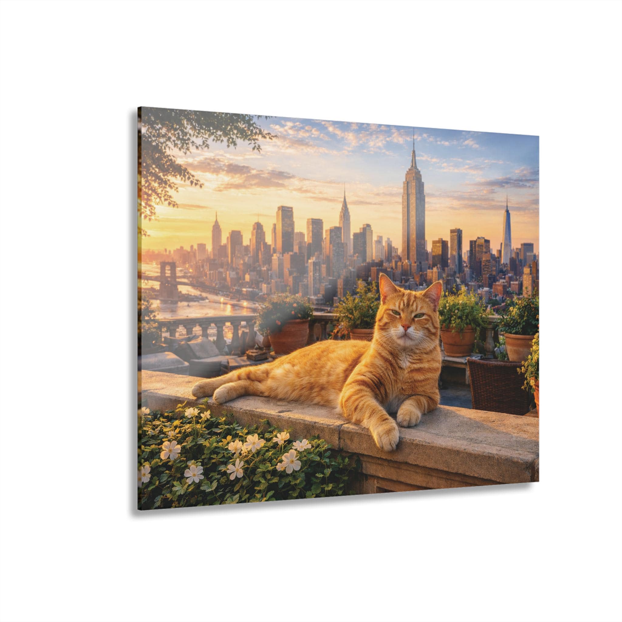 Ginger Cat NYC Rooftop Acrylic Print, Orange Tabby Sunset Skyline Artwork