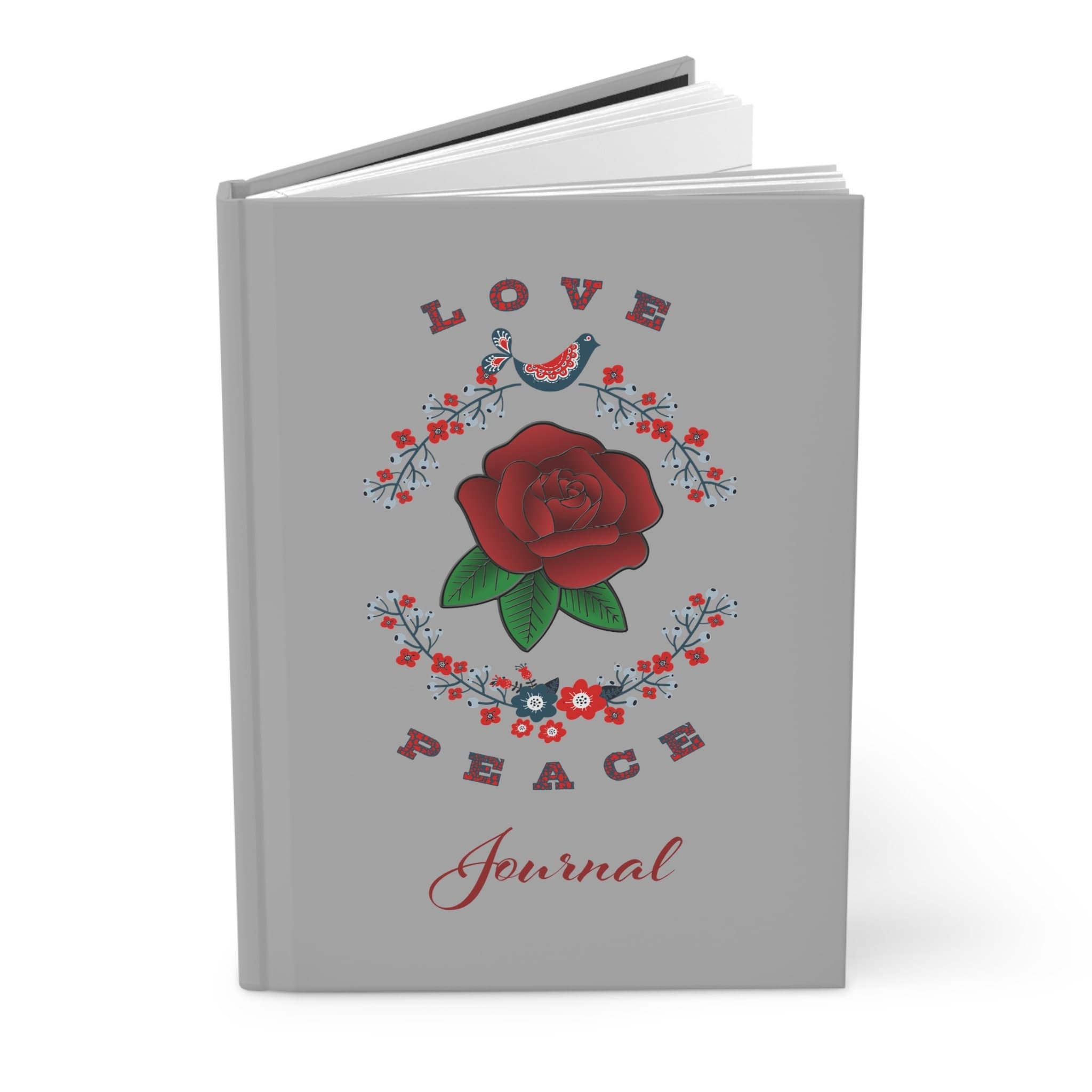 Love and Peace Journal | Gray Hardcover Journal | Red Rose Design | Matte