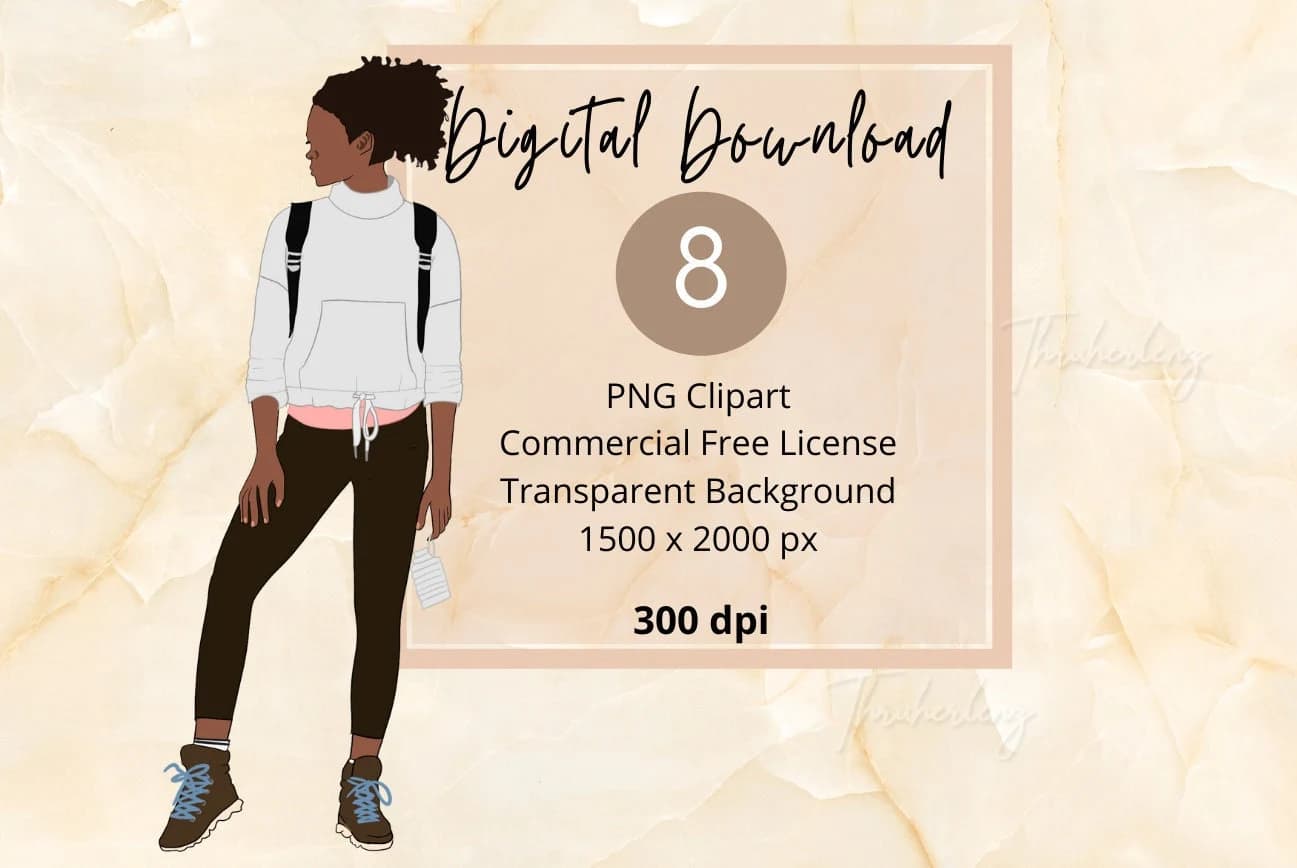 Black Woman Hiker Clipart: PNG Fashion Illustration (Digital Stickers)