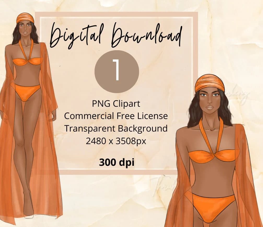 Orange Swimsuit Clipart: Black Woman Fashion Illustration (PNG Digital Download)