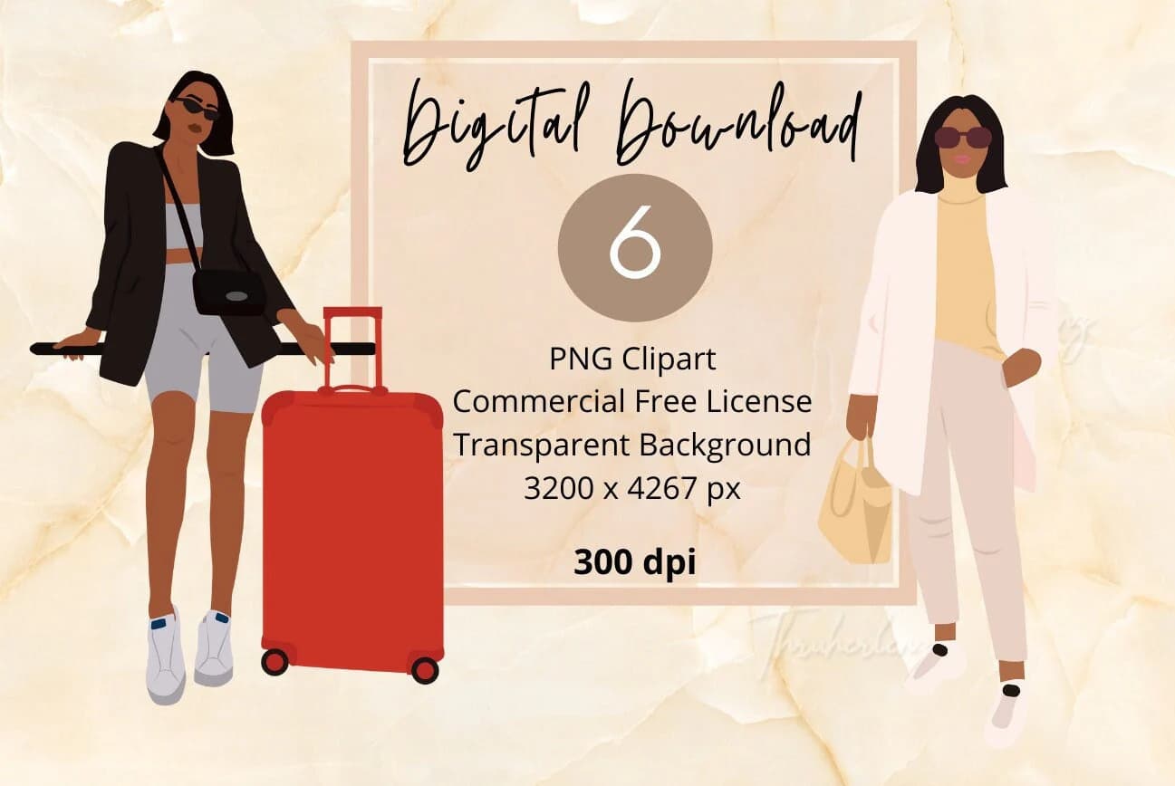 Airport Fashion Clipart: Black Woman Traveler PNG Stickers (Digital Download)