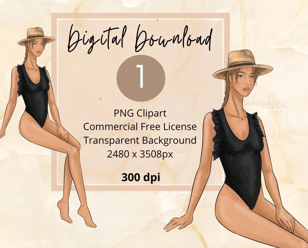 Latina Woman Clipart: Black Swimsuit Fashion Illustration (PNG Digital Download)