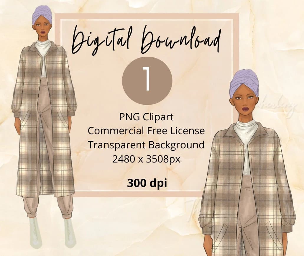 Muslim Woman Fashion Illustration Clipart: Planner Stickers (PNG Digital Download)
