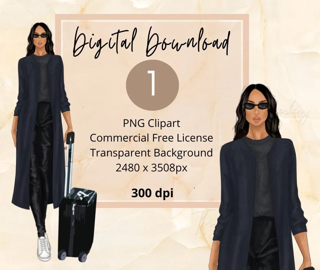 Afro Latina Woman Travel Clipart: Fashion Illustration (PNG Digital Download)