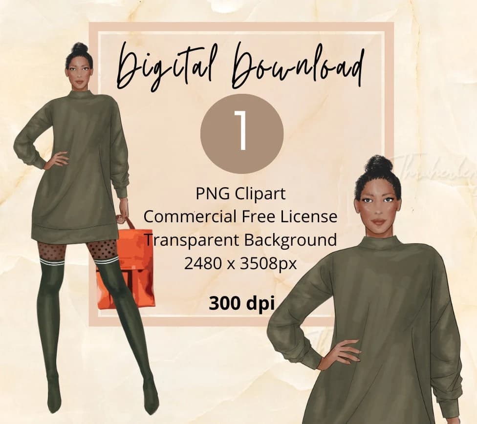 Black Woman Fashion Illustration: PNG Clipart Stickers (Digital Download)