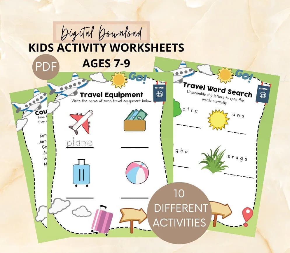 Travel Activity Worksheet Bundle: Math, Word Search, Coloring (PDF)