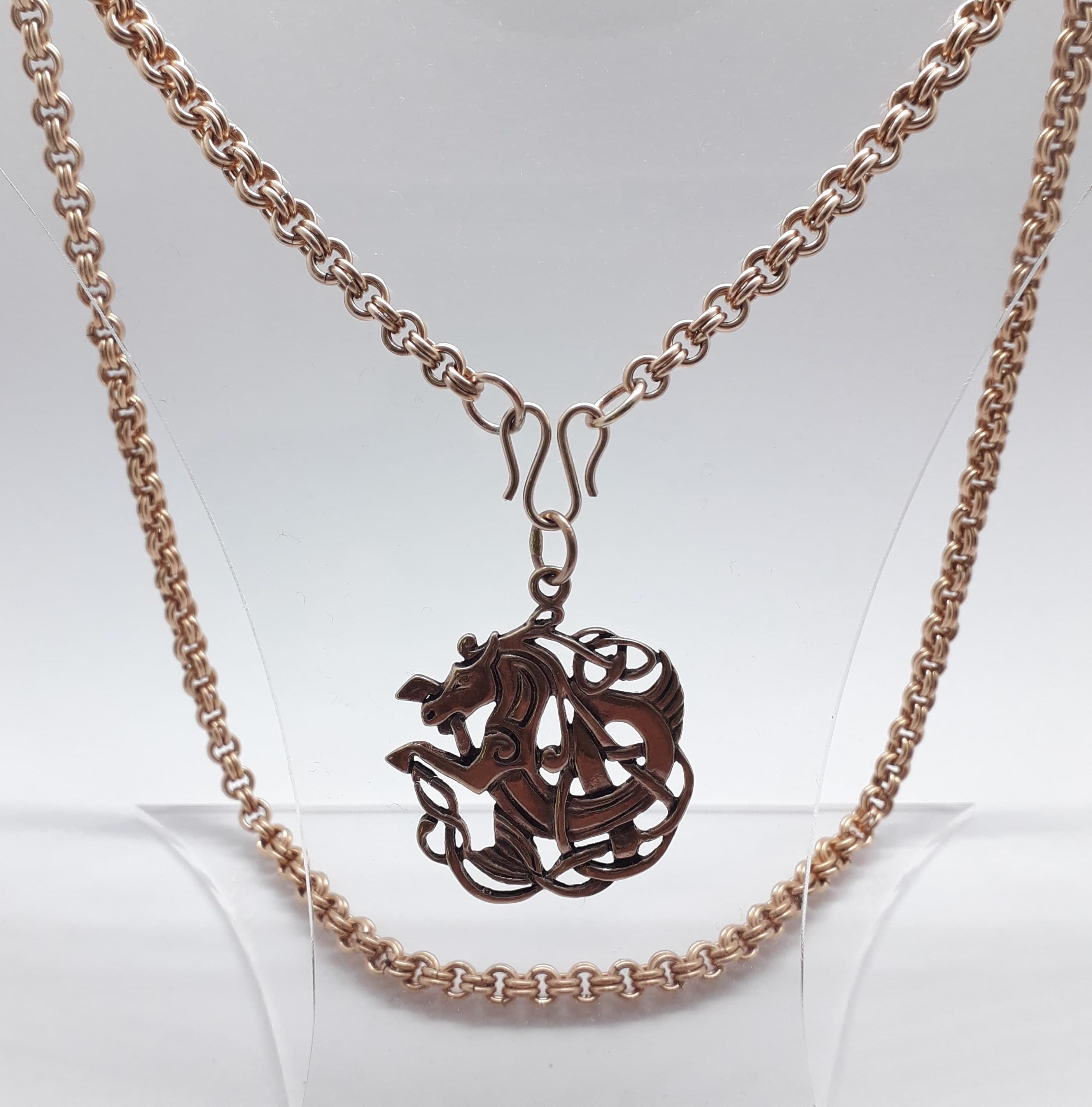 Schwere Bronze Kette mit Wikinger Anhänger Vikings Chainmaille Mittelalter Heimdalls Pferd