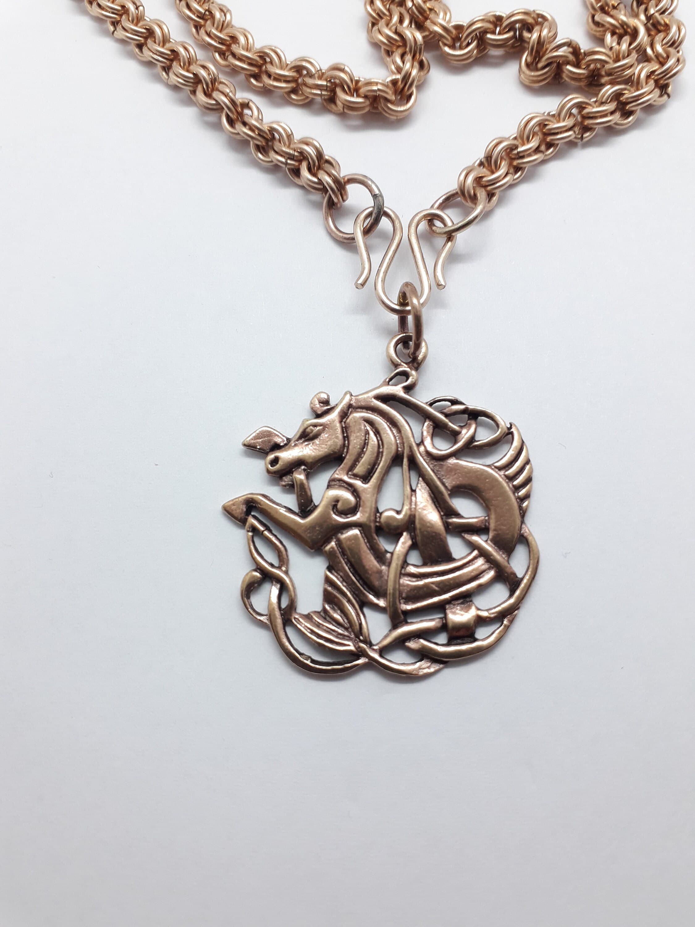 Schwere Bronze Kette mit Wikinger Anhänger Vikings Chainmaille Mittelalter Heimdalls Pferd - image 3