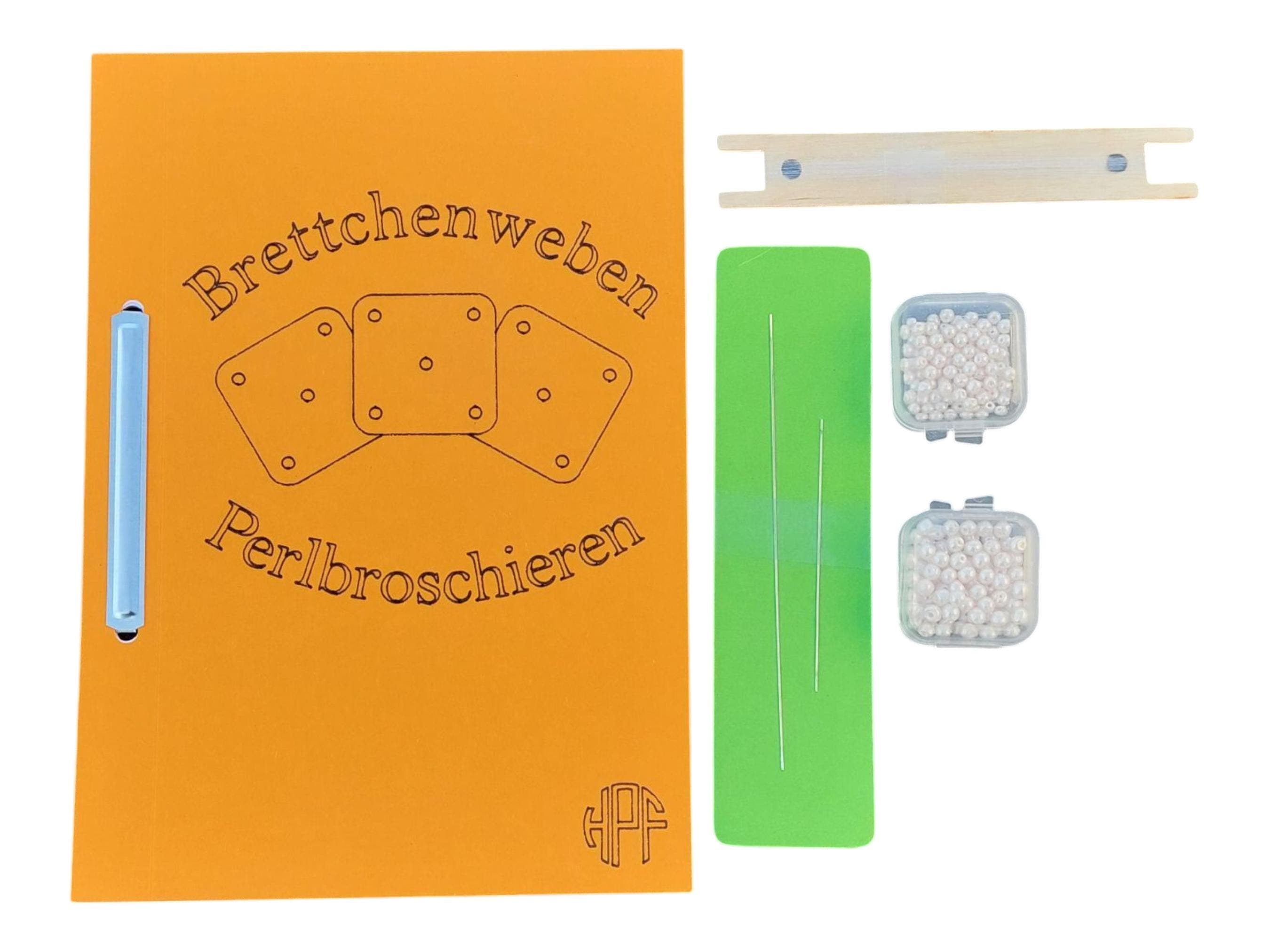 Starter-Set zum Brettchenweben mit Broschierung und eingewebten Perlen mit Musterheft, Perlenweberei, Brettchenweberei