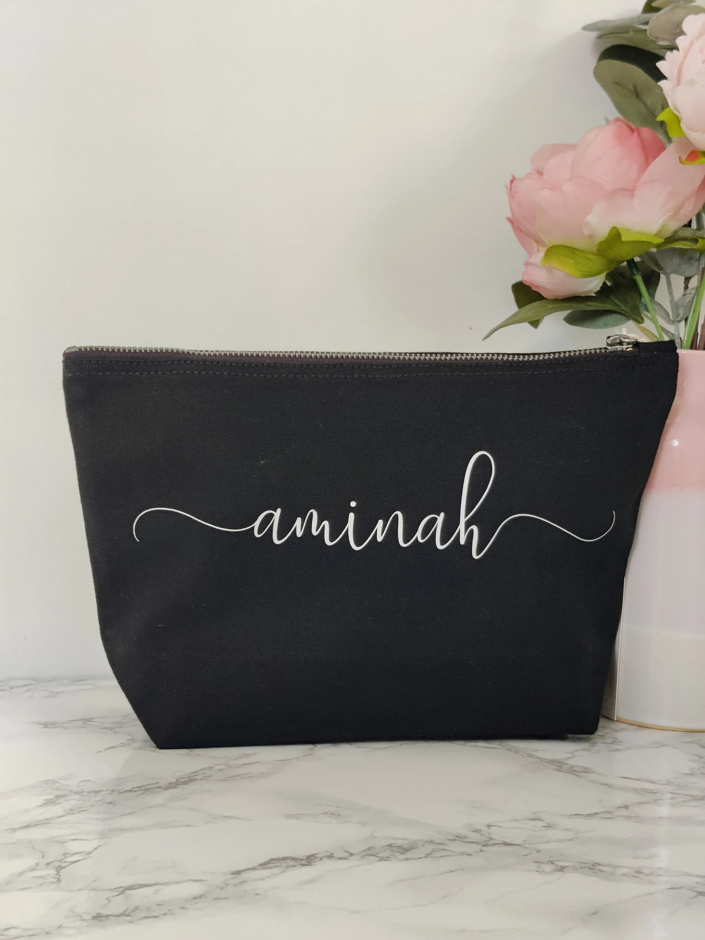 PERSONALISED Make Up / Cosmetic / Wash Bag | Personalised Shaving Kit Bag | Birthday, Wedding, EID Gift |  ANY Name Bag | Black and Silver - image 4