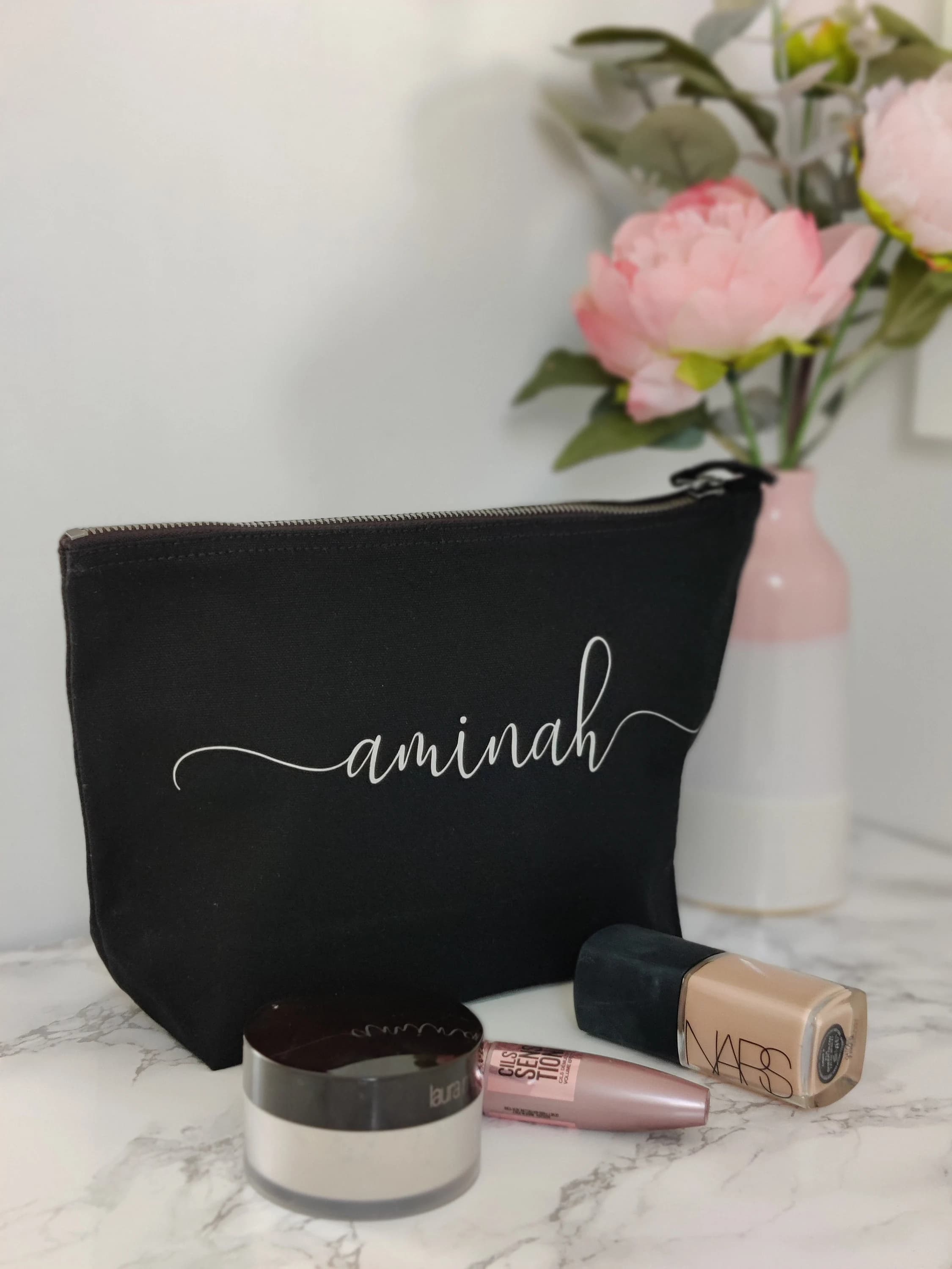 PERSONALISED Make Up / Cosmetic / Wash Bag | Personalised Shaving Kit Bag | Birthday, Wedding, EID Gift |  ANY Name Bag | Black and Silver