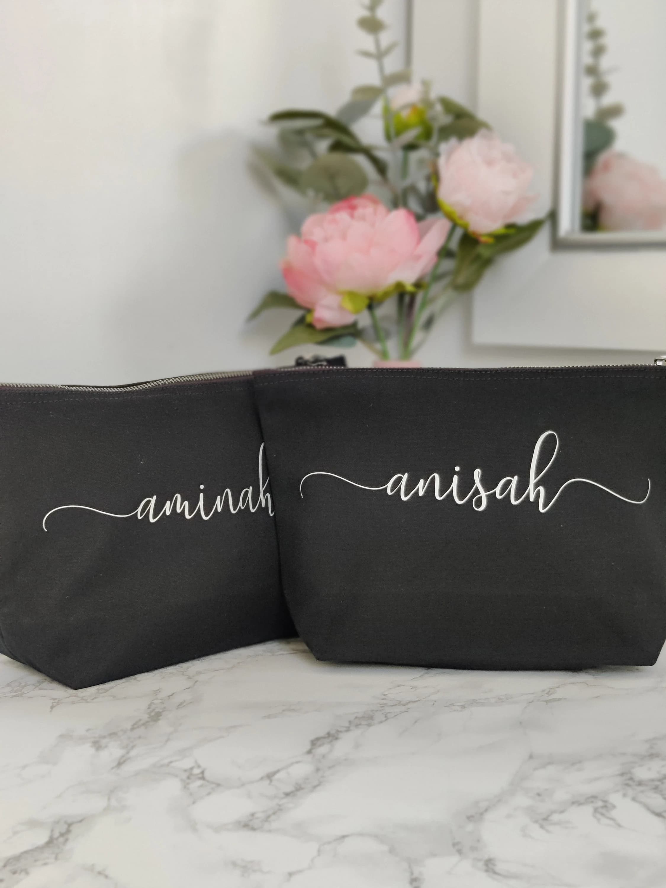 PERSONALISED Make Up / Cosmetic / Wash Bag | Personalised Shaving Kit Bag | Birthday, Wedding, EID Gift |  ANY Name Bag | Black and Silver - image 2