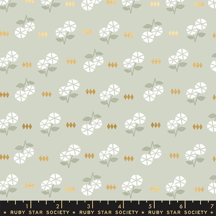 Ruby Star Society First Light Fabric: Grey Floral Cotton, Metallic Accents