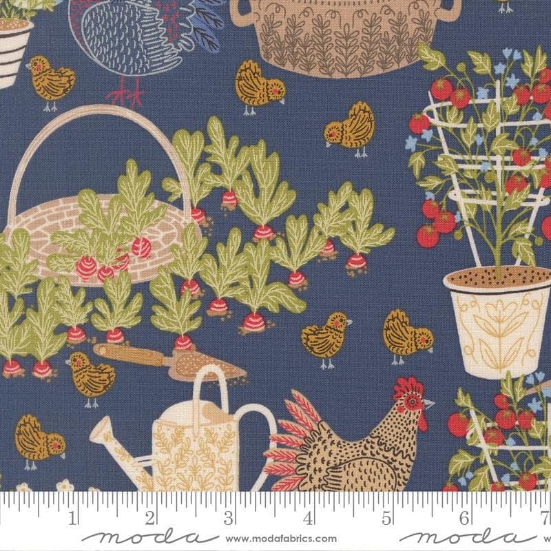 The Henhouse Denim Fabric by Gingiber | Moda Fabrics Yardage | Farmhouse Chicken Quilt Fabric