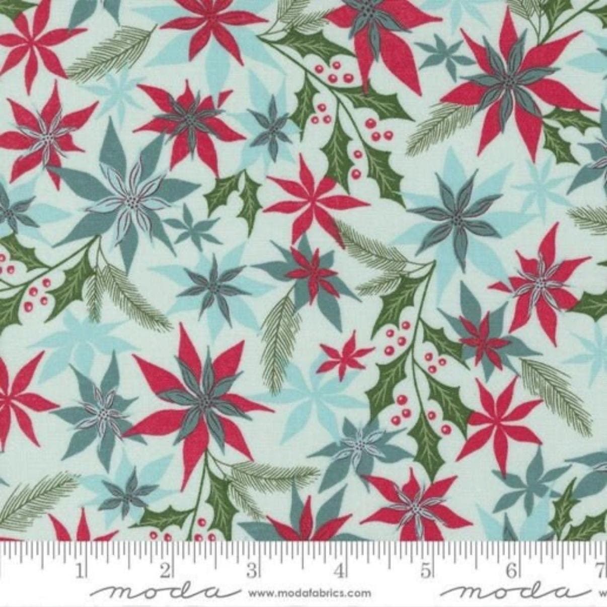 Christmas Floral Print Fabric, Light Blue Moda Cotton, Quilting