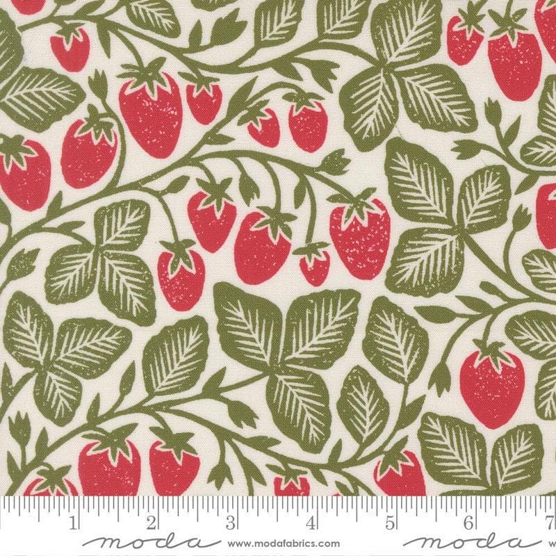 Moda Garden Series Cream Strawberry Fabric | Botanical Quilting Cotton | Farmhouse Cottagecore Fabric by the Yard