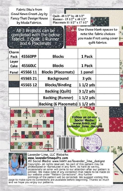 Table Runner Pattern Placemats, Moda, Lavender Lime Quilting, Holiday, Christmas, Handmade Gift DIY, Pre cut Friendly, Sewing, Crafts