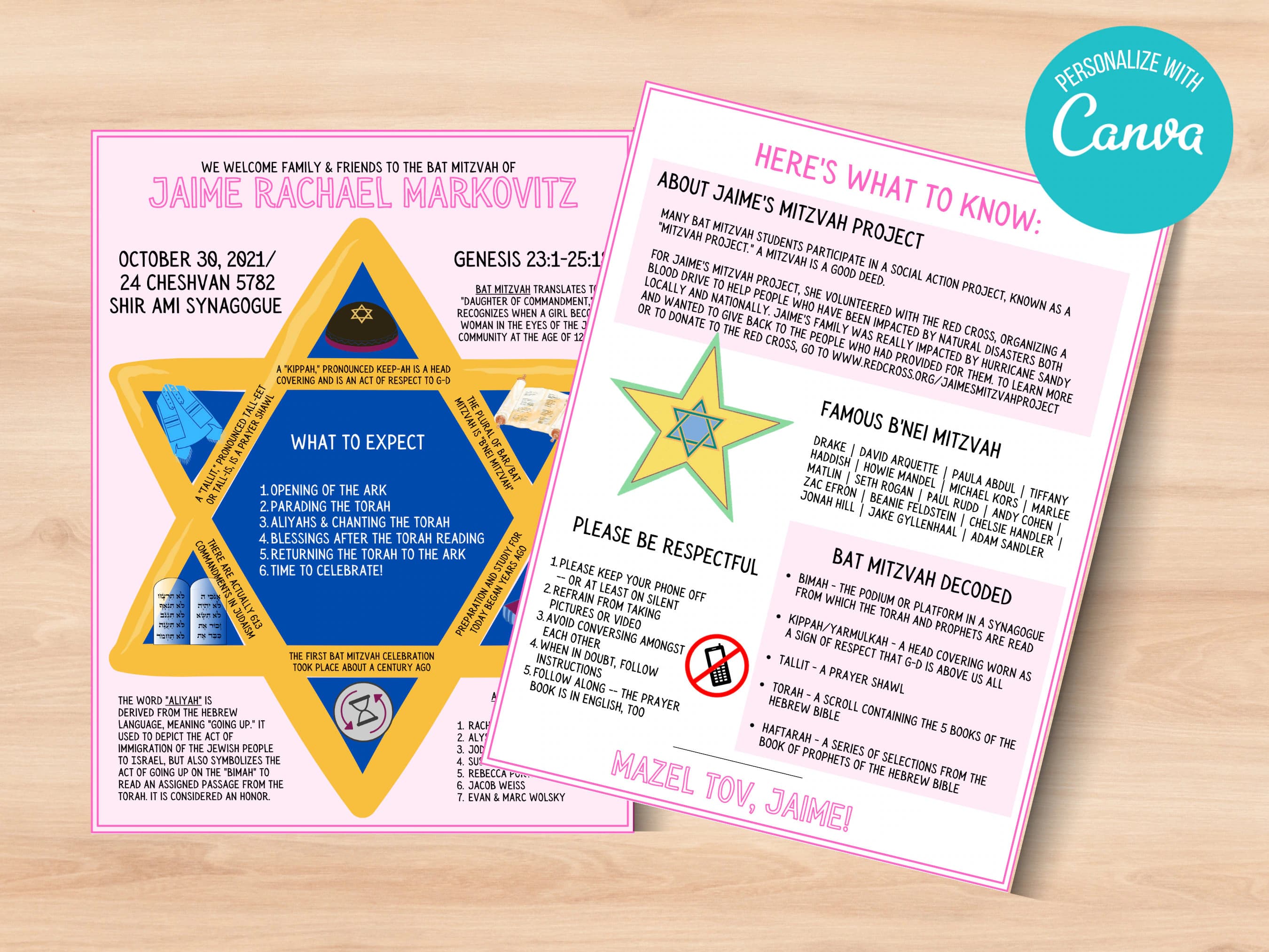Printable Bat Mitzvah Program Template: Jewish Star (Instant Download)