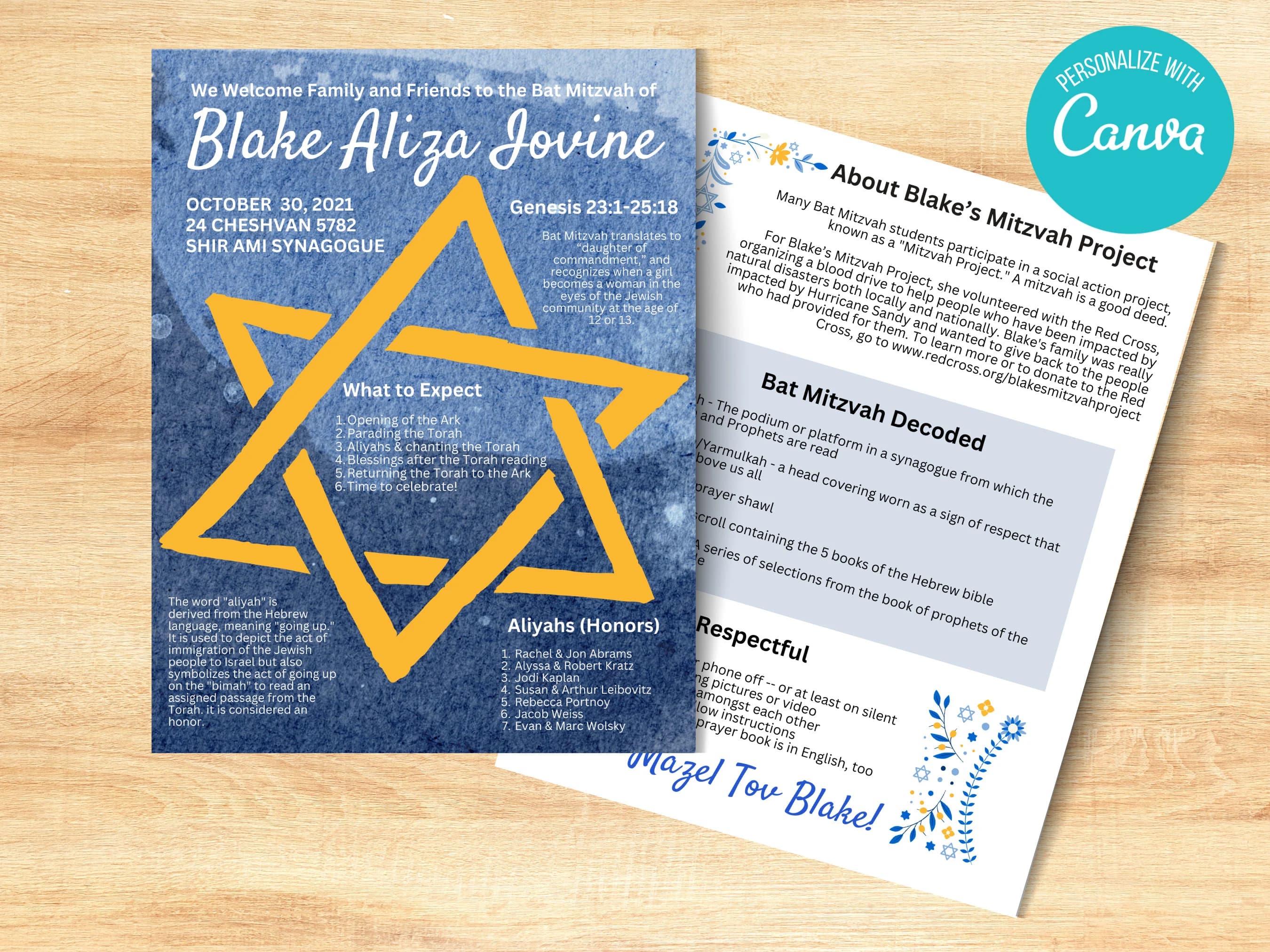 Modern Bat Mitzvah Ceremony Program Template (DIY Canva)