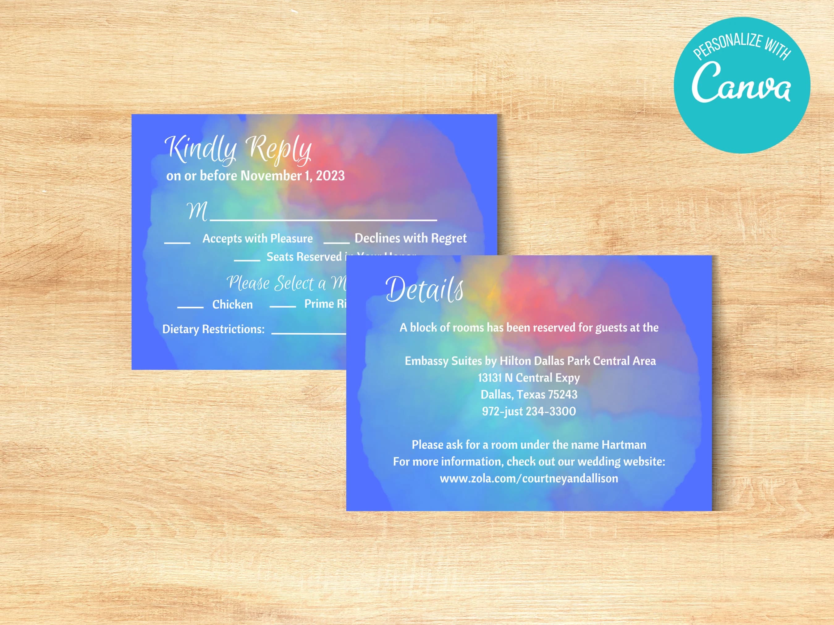 Rainbow Watercolor Wedding RSVP and Details Cards (Digital Download)