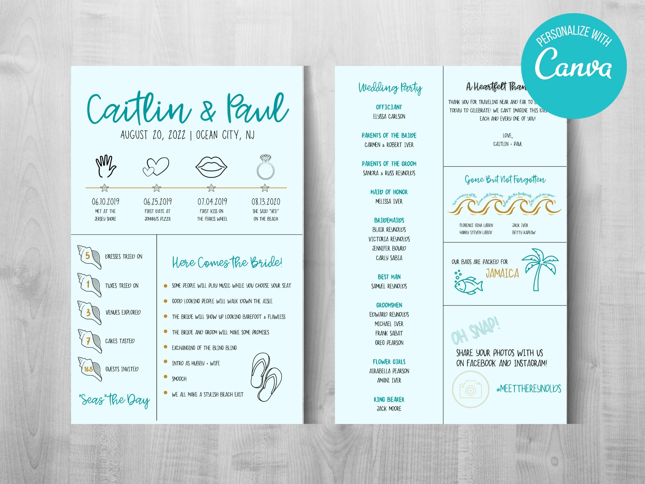 Beach Wedding Program Template: Fun Infographic (Editable, Canva)