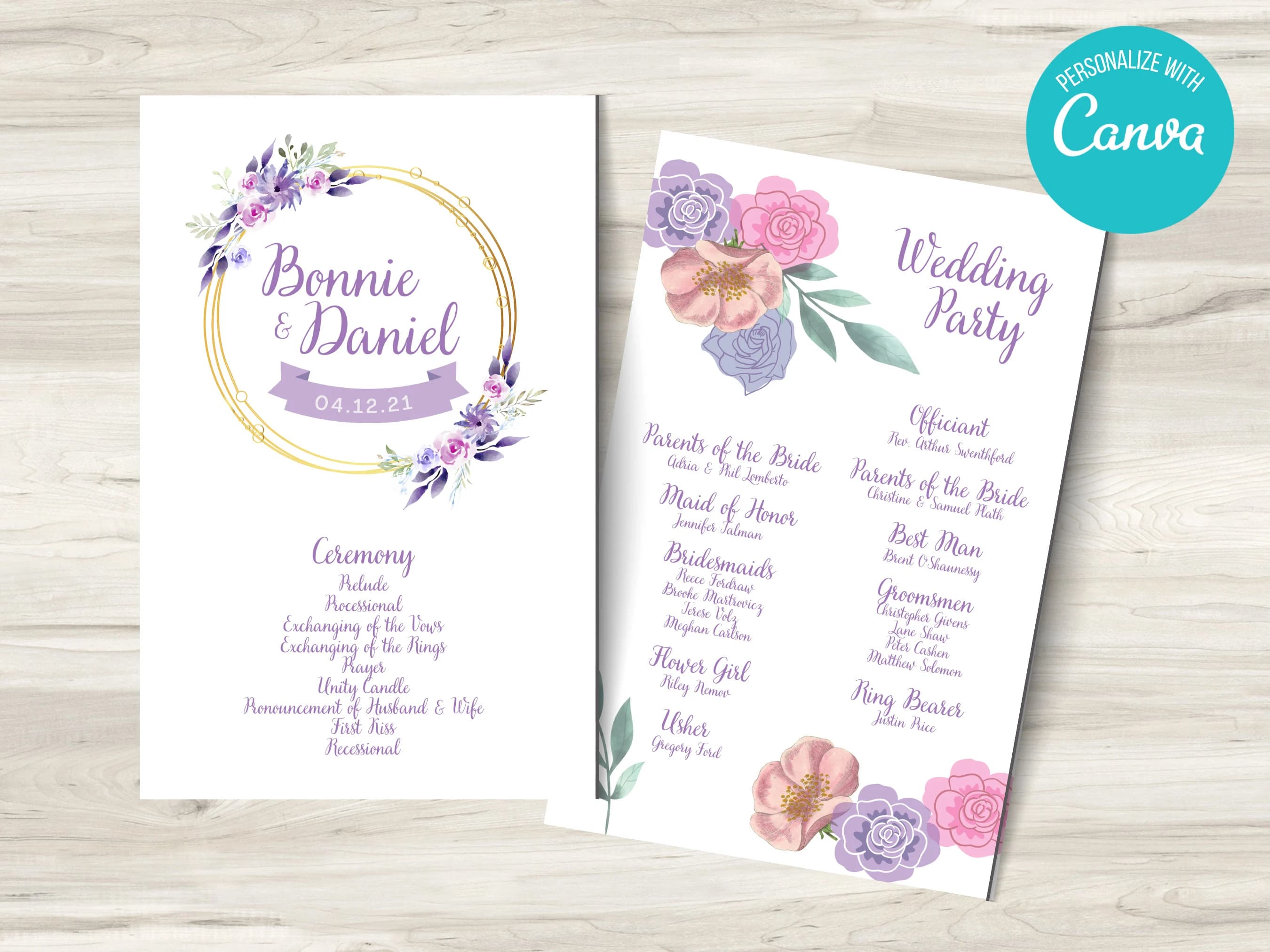 Floral Wedding Program Template: Romantic Ceremony (Editable Canva Template)