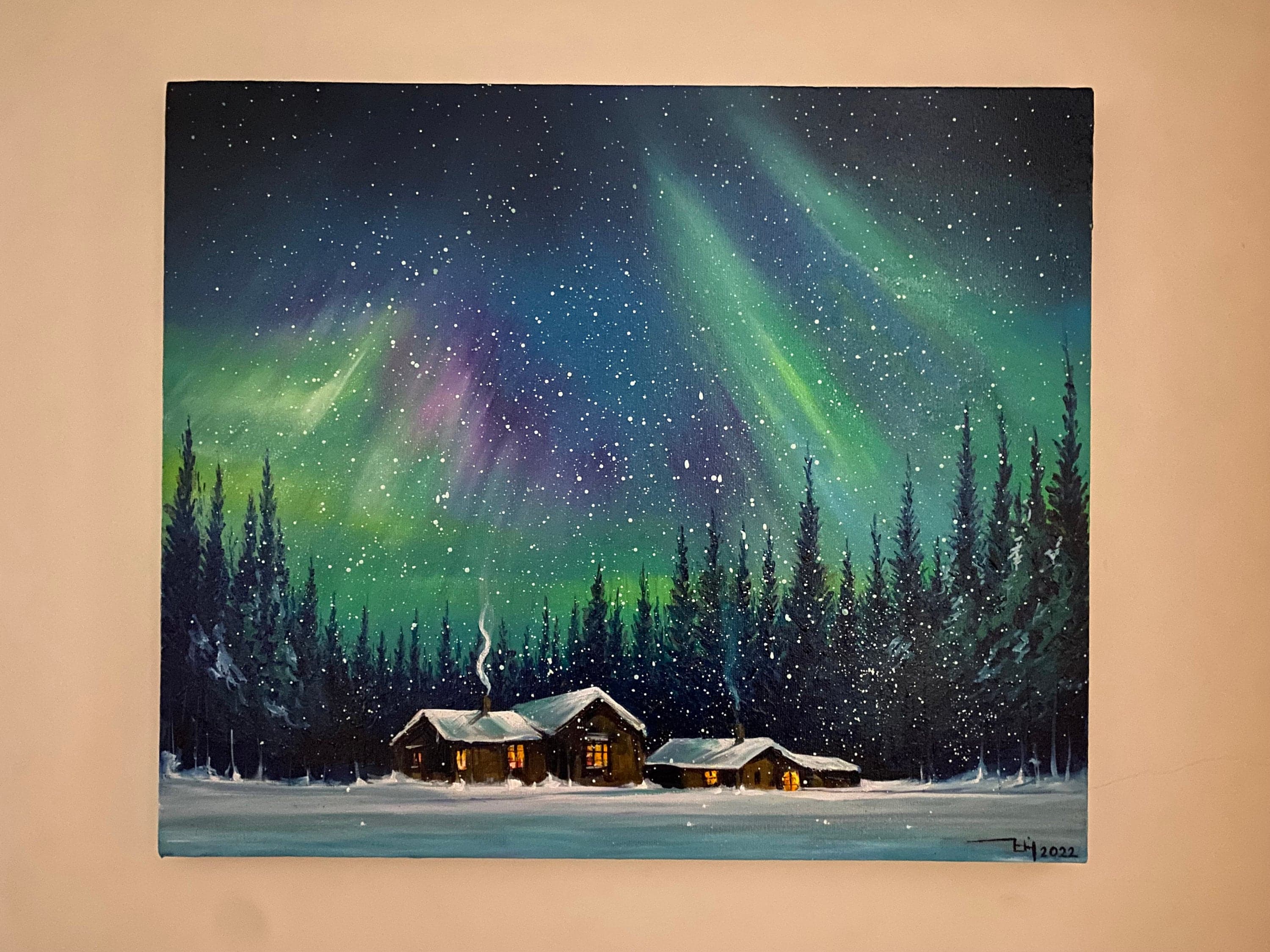 Aurora borealis -   northern lights art- OIL PAINTING on Canvas - Modern Original Landscape Painting -  original oil painting on canvas - image 3