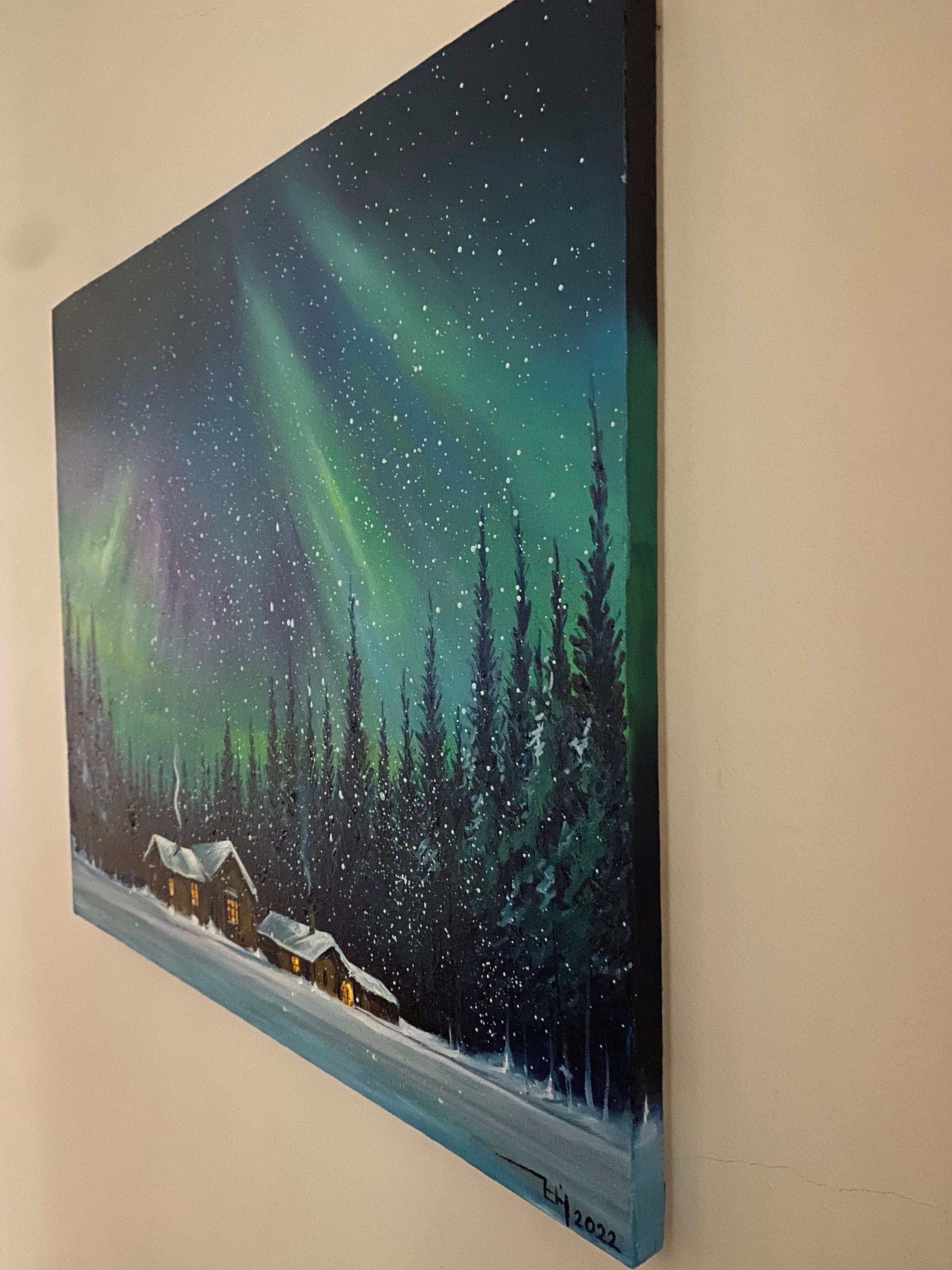 Aurora borealis -   northern lights art- OIL PAINTING on Canvas - Modern Original Landscape Painting -  original oil painting on canvas - image 5