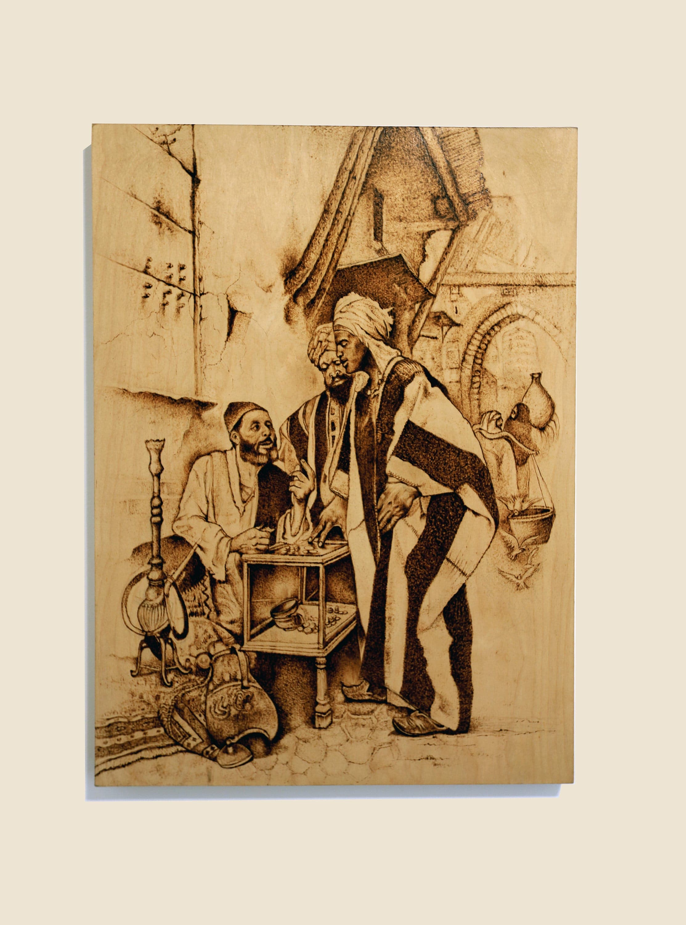 Original Wood Burning Art, Orientalist Pyrography Drawing