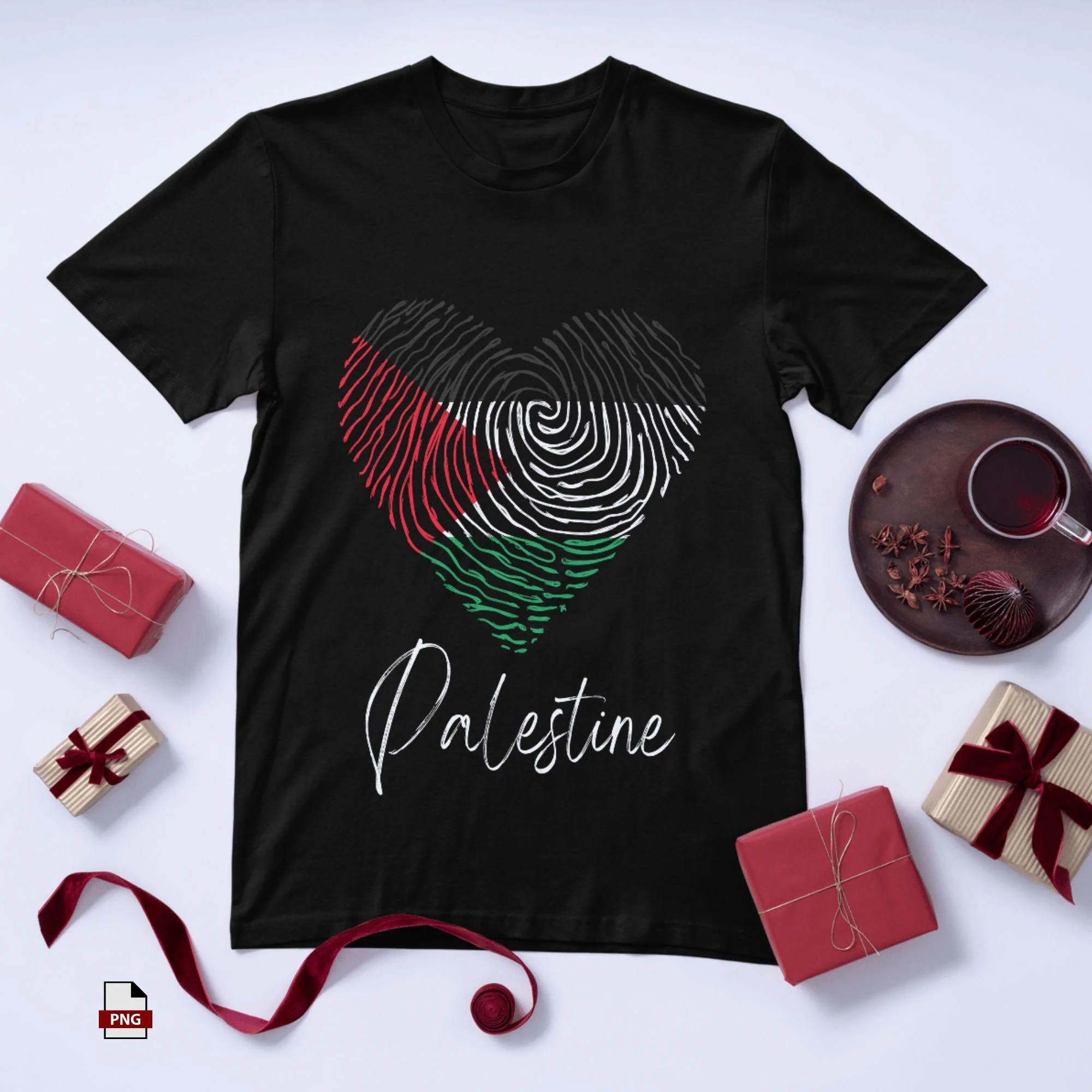 Palestine Flag Heart T-Shirt Design – Arabic Calligraphy (PNG)