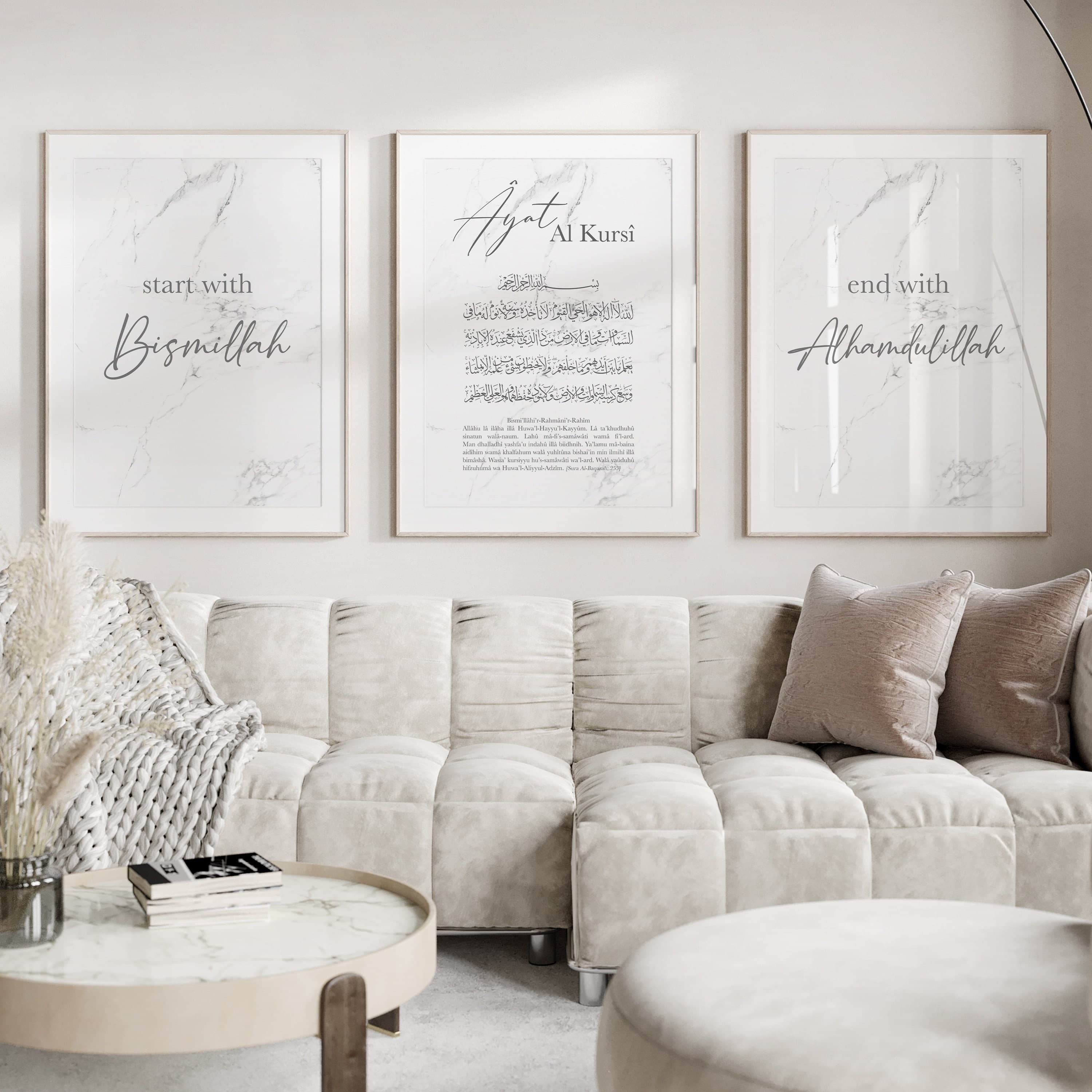 3x Islam Poster Set - Islamic Wall Art - Bilder Wohnzimmer Wanddeko - Wandbehang - Kunstdruck Arabisch Kalligraphie - Ayatal Kursi Marmor