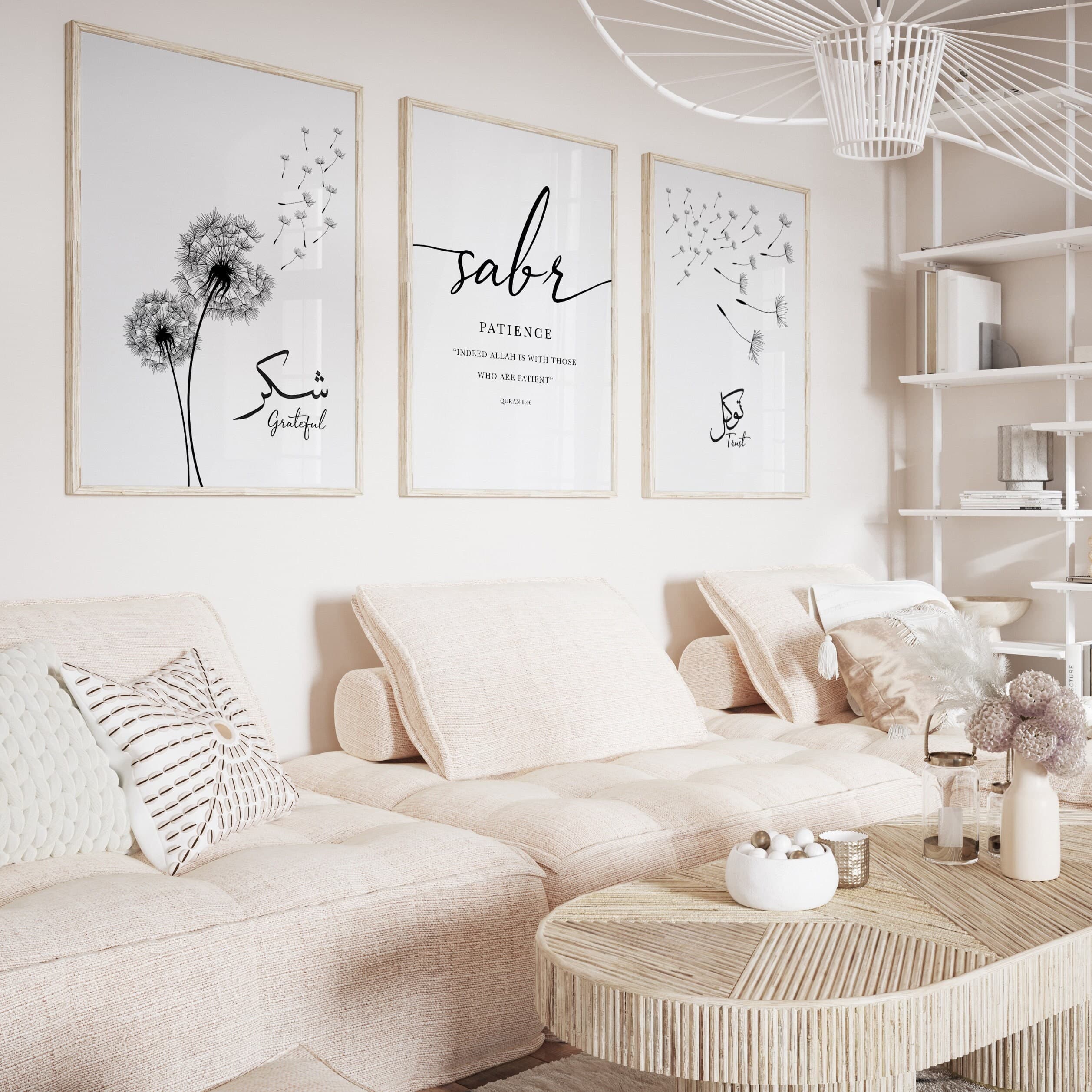 3x Islam Poster Set - dandelion - Islamic Wall Art - Islamische Bilder Wohnzimmer - Dekoration - Wanddeko - Wandbehang - shukr tawakkul sabr