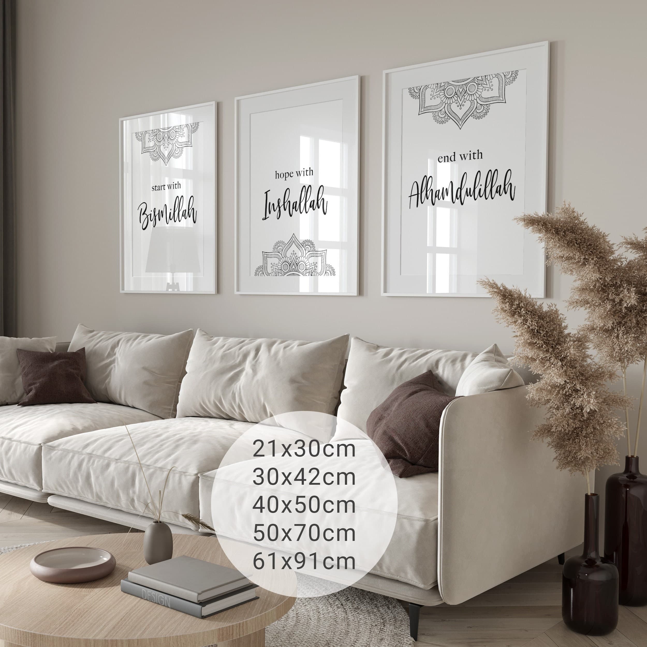 3er Islam Poster Set - Bismillah Hope Alhamdulillah - Islamic Wall Art - Bilder Wohnzimmer - Wanddeko - Wandbehang - Islamische Wandbilder
