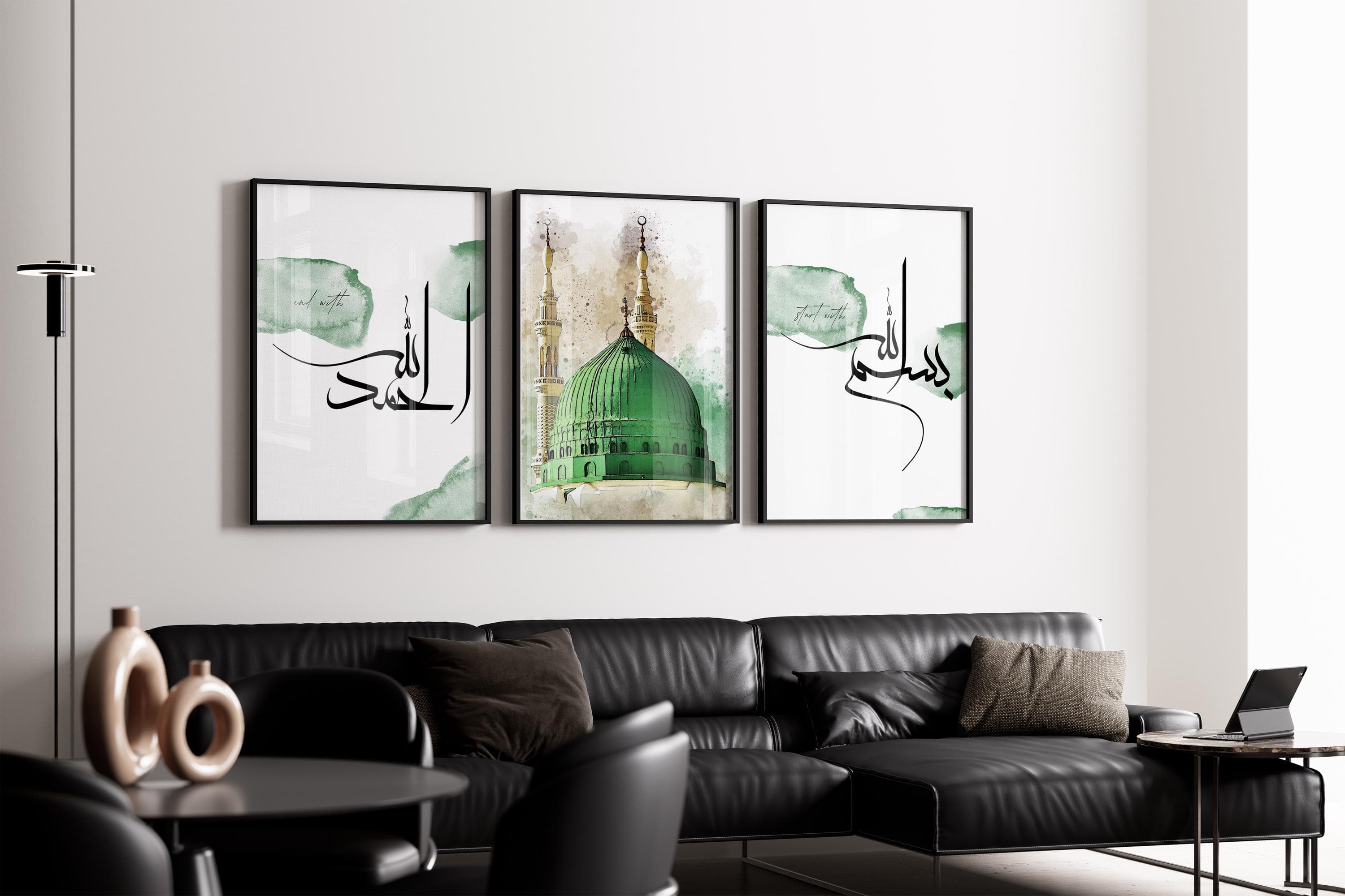 3er Islam Poster Set Green - Bismillah Alhamdulillah - Islamic Wall Art - Bilder Wohnzimmer - Wanddeko - Wandbehang - Plakat - Kunstdruck - image 3