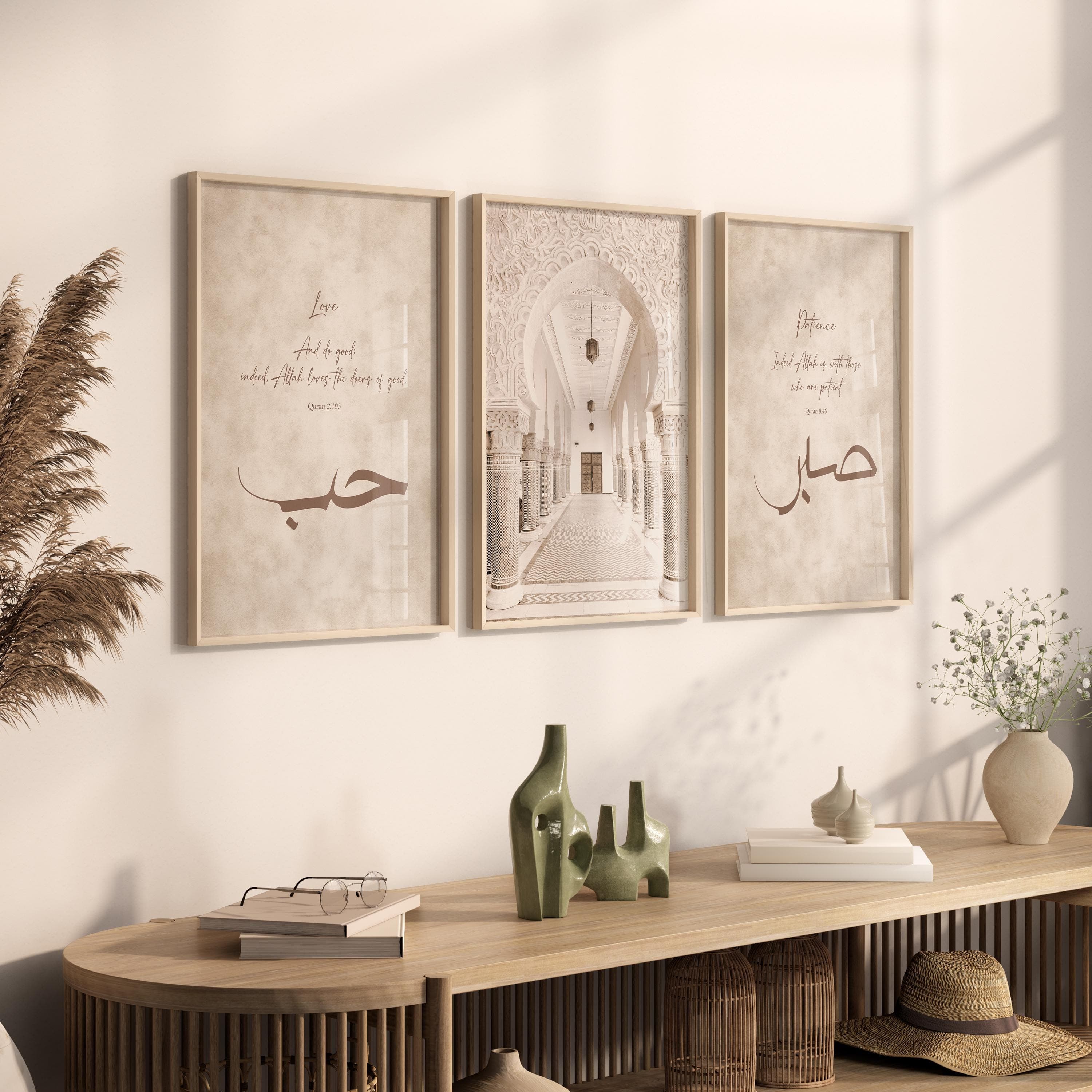 3x Islam Poster Set - Islamic Wall Art - Bilder Wohnzimmer - Wanddeko - Wandbehang - Kunstdruck Kalligraphie Quran - Kunstdruck Love Sabr