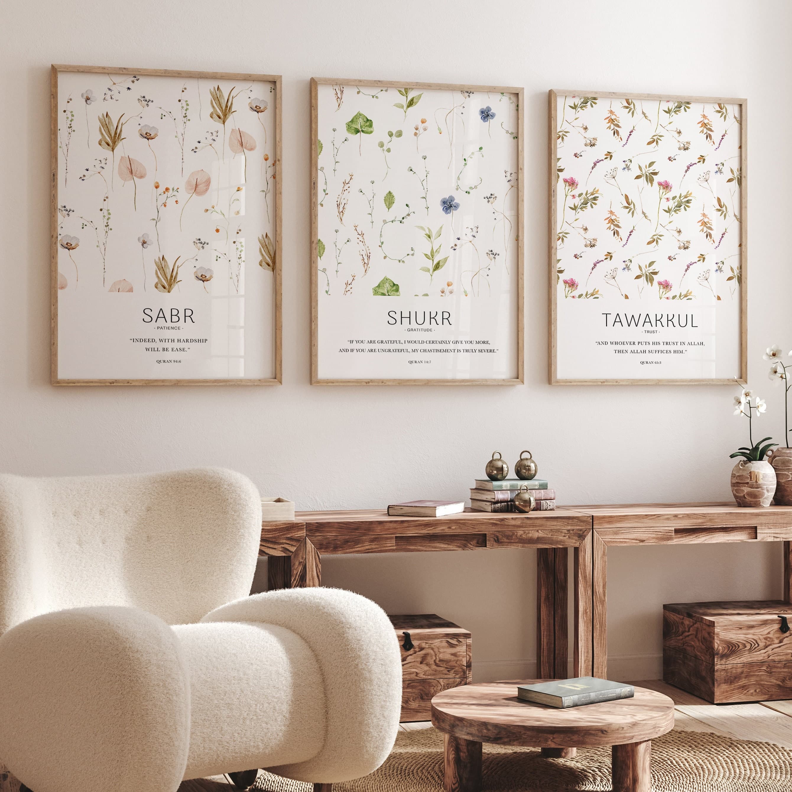 3x Islam Poster Set - Flower - Sabr Shukr Tawakkul Quran Verse - Wandbilder Islamic Wall Art - Kunstdrucke - Wanddeko - Bilder Wohnzimmer