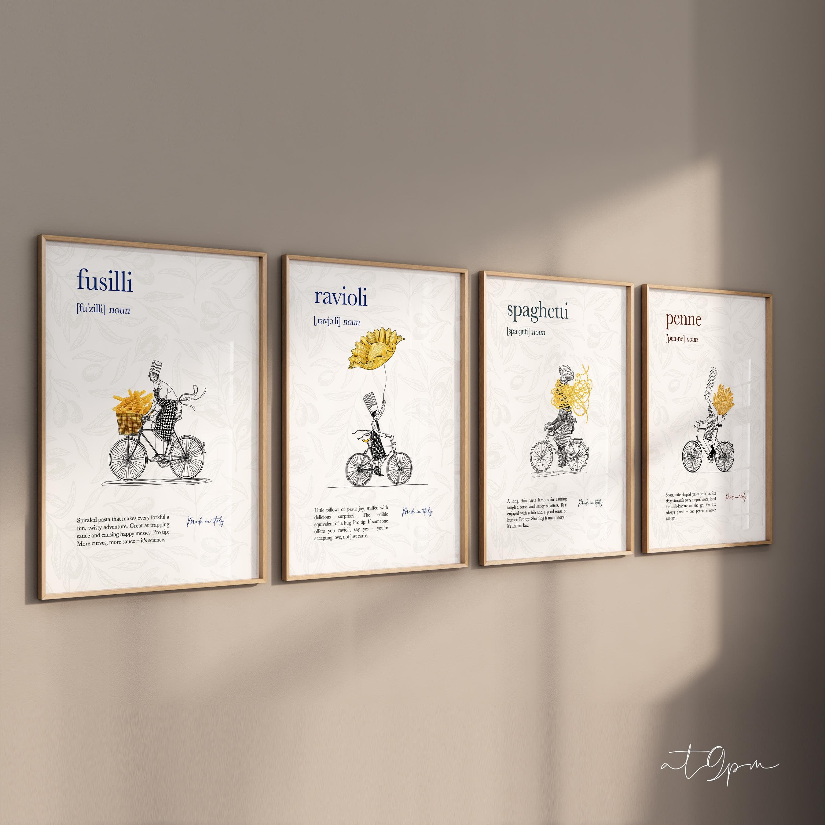 4er Pasta Poster Set – Spaghetti Fusilli Ravioli Penne – Küche Wanddeko, Food Art Print, Modernes Design, Premium mattes Fotopapier - Print
