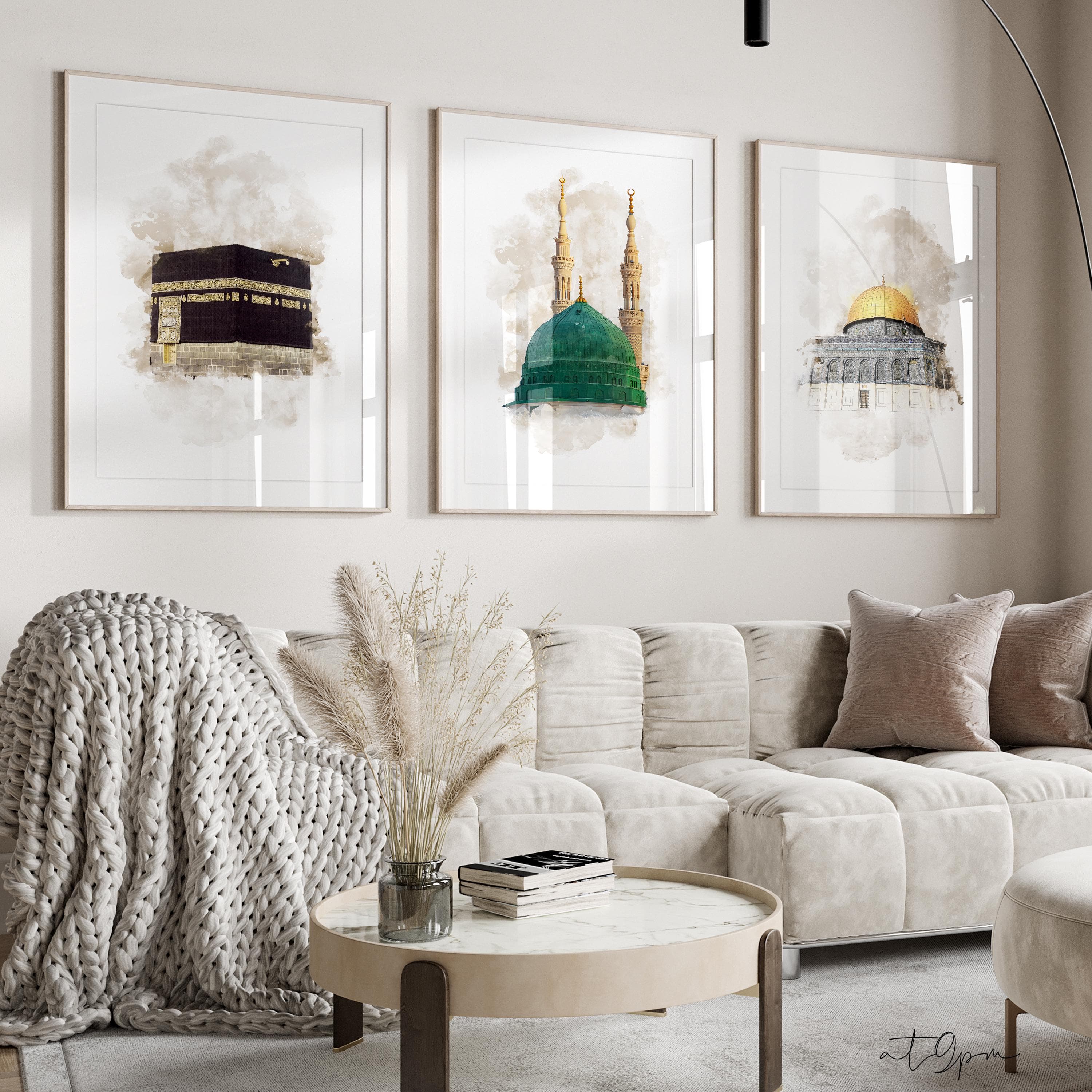 3x Islam Poster Set - Aquarell - Islamische Wandbilder - Islamic Wall Art - Kunstdrucke - Wanddeko - Bilder Wohnzimmer - Kaaba Aqsa Nabawi