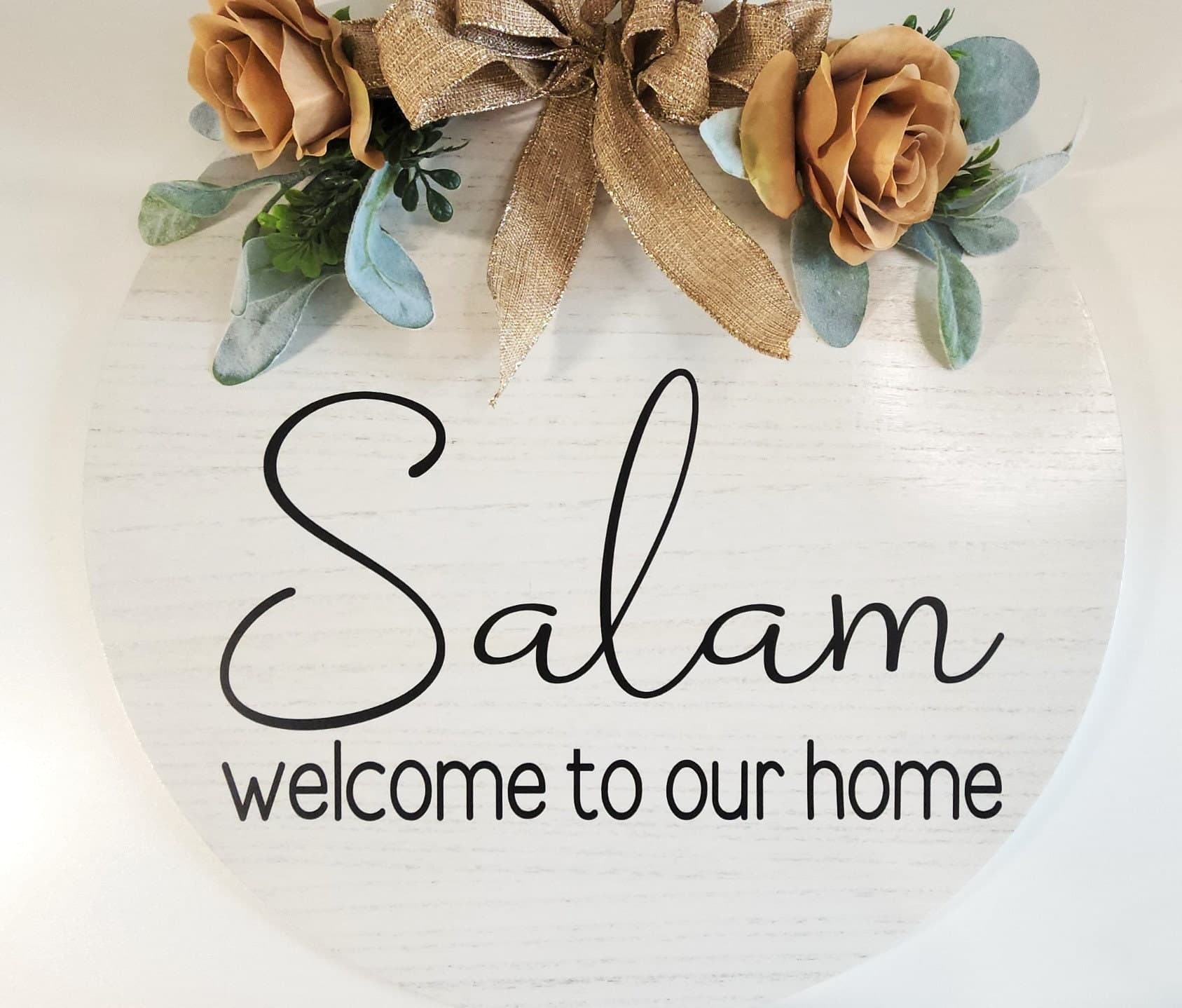 Salam Floral Wood Sign, WELCOME, Welcome to our home, Wood Round Welcome Sign, Front Door Décor, Hanger, Door Wreath, Home Décor, wood round - image 5