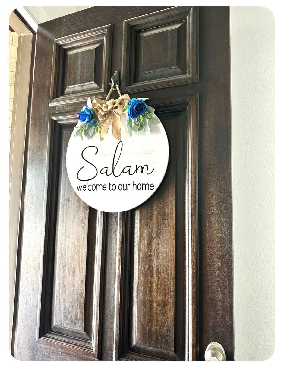 Salam Wood Sign, WELCOME, Welcome to our home, Wood Round Welcome Sign, Front Door Décor, Hanger, Wreath, Home Décor, wood round, Islamic - image 4