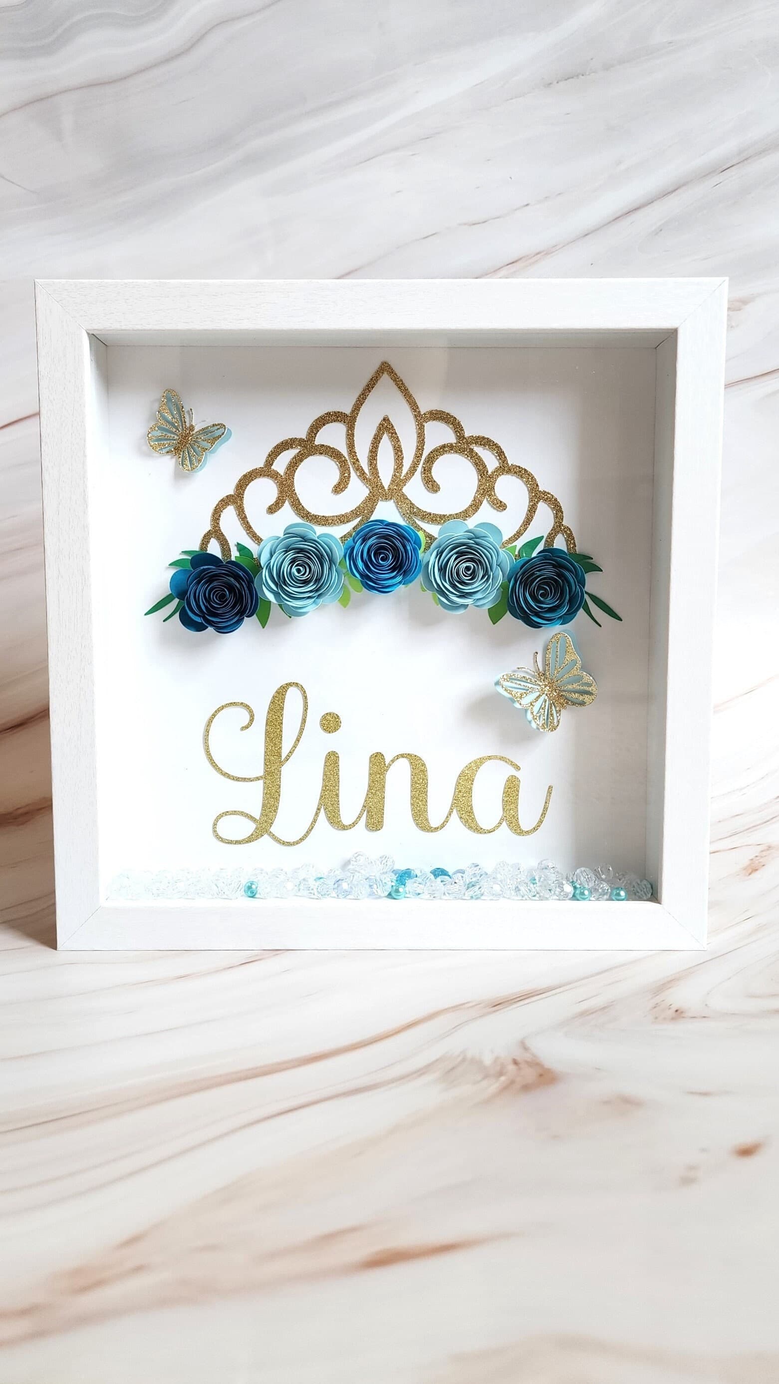 Tiara Shadow Box, Personalized 9X9 Flower shadow box, shadow box, custom shadow boxes, paper flowers, Custom Name shadow box, Gift shadowbox - image 3