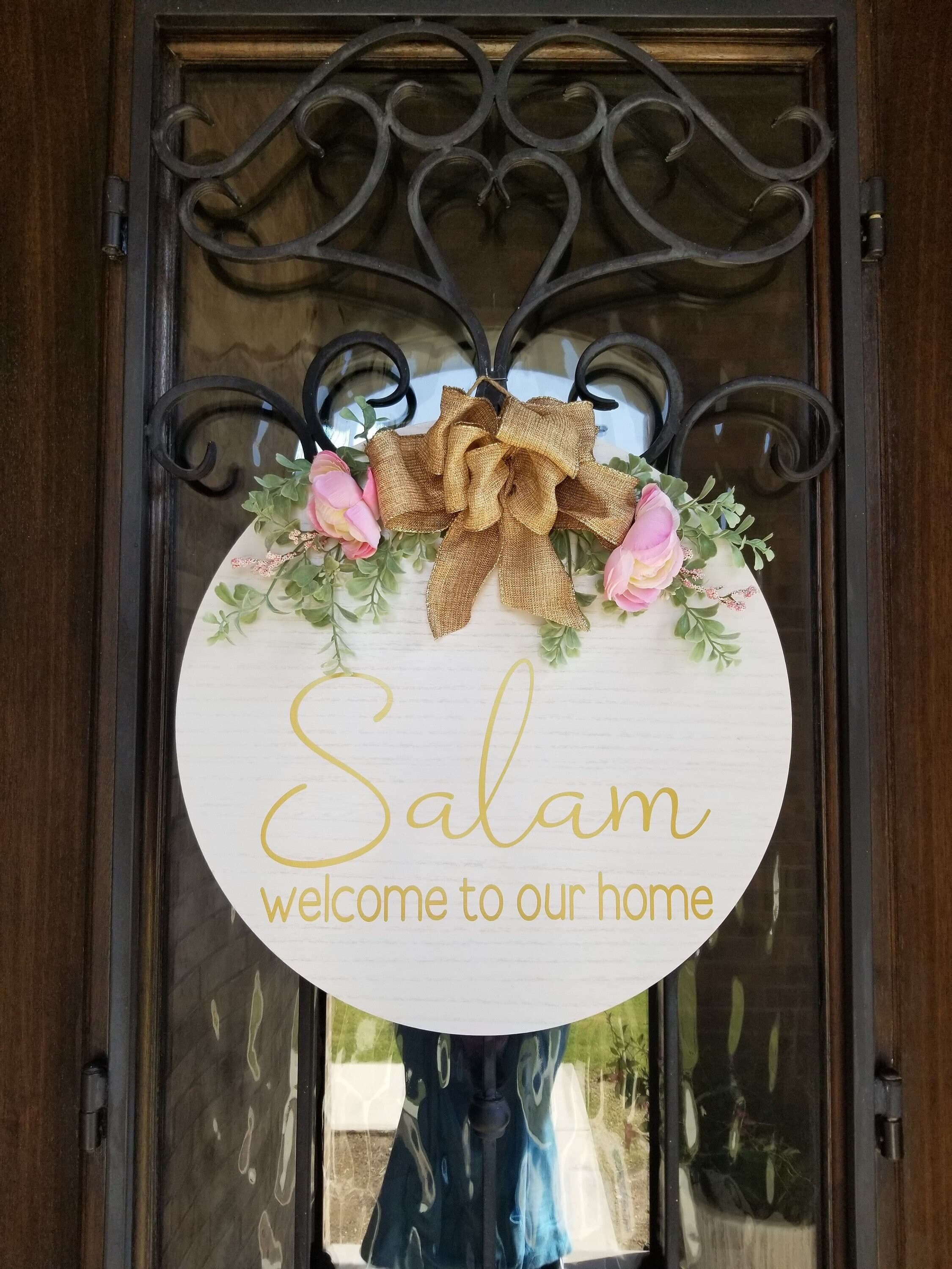 Welcome to our home, Salam Door Sign, WELCOME, Wood Round Welcome Sign, Front Door Décor, Hanger, Door Wreath, Home Décor, Islamic Décor - image 3