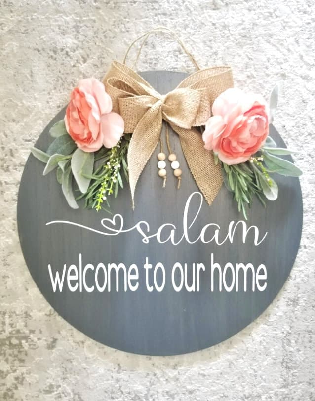Salam Door Sign, WELCOME, Welcome to our home, Wood Round Welcome Sign, Front Door Décor, Hanger, Beaded sign, Home Décor, Gray wood round