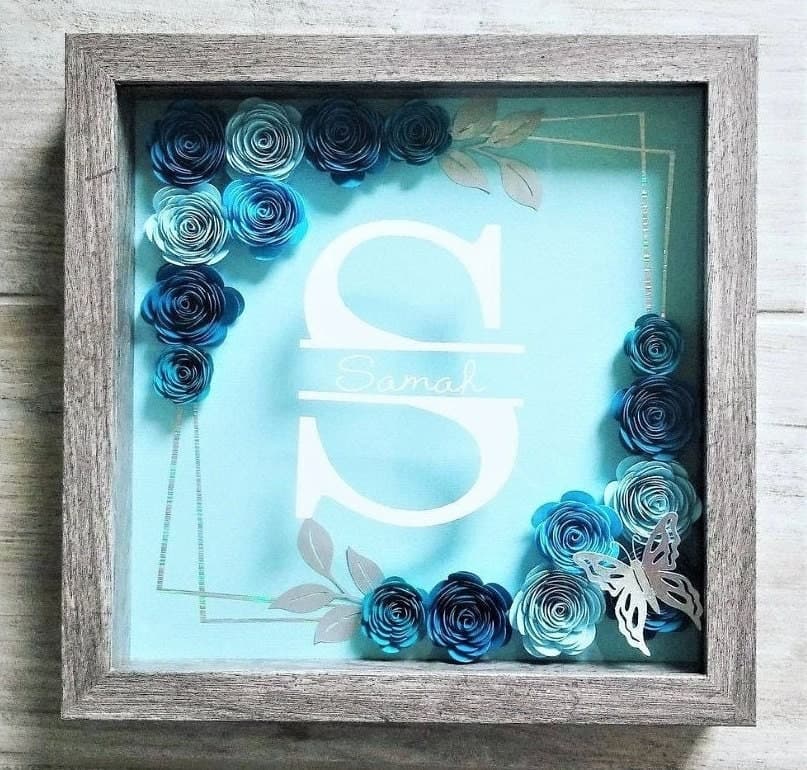 Personalized 9X9 Flower shadow boxes, name shadow box, custom shadow boxes, paper flowers, Shadow Box, Custom Name shadow box, flowers