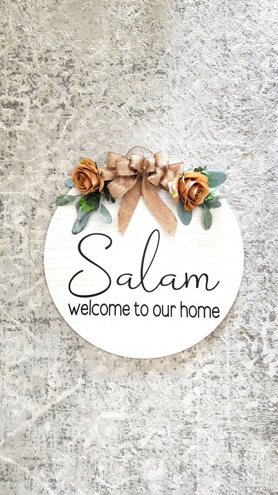 Salam Floral Wood Sign, WELCOME, Welcome to our home, Wood Round Welcome Sign, Front Door Décor, Hanger, Door Wreath, Home Décor, wood round
