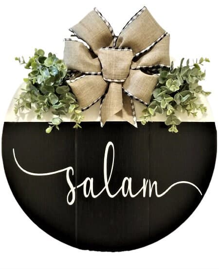 Salam Sign, WELCOME, Welcome to our home, Wood Round Welcome Sign, Front Door Décor, Hanger, Wreath, Home Décor, black and white, Islamic - image 3
