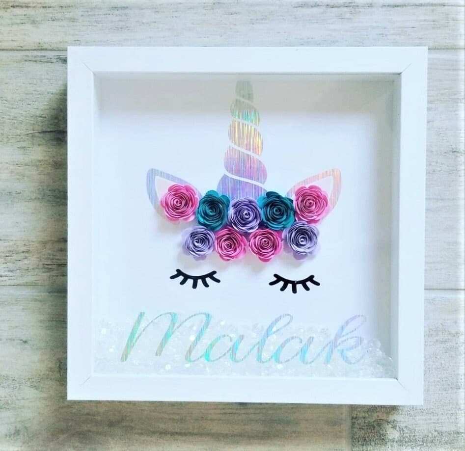 Unicorn Personalized 9X9 Flower shadow boxes, beads, Name shadow box, custom shadow boxes, paper flowers, Custom Name shadow box, flowers