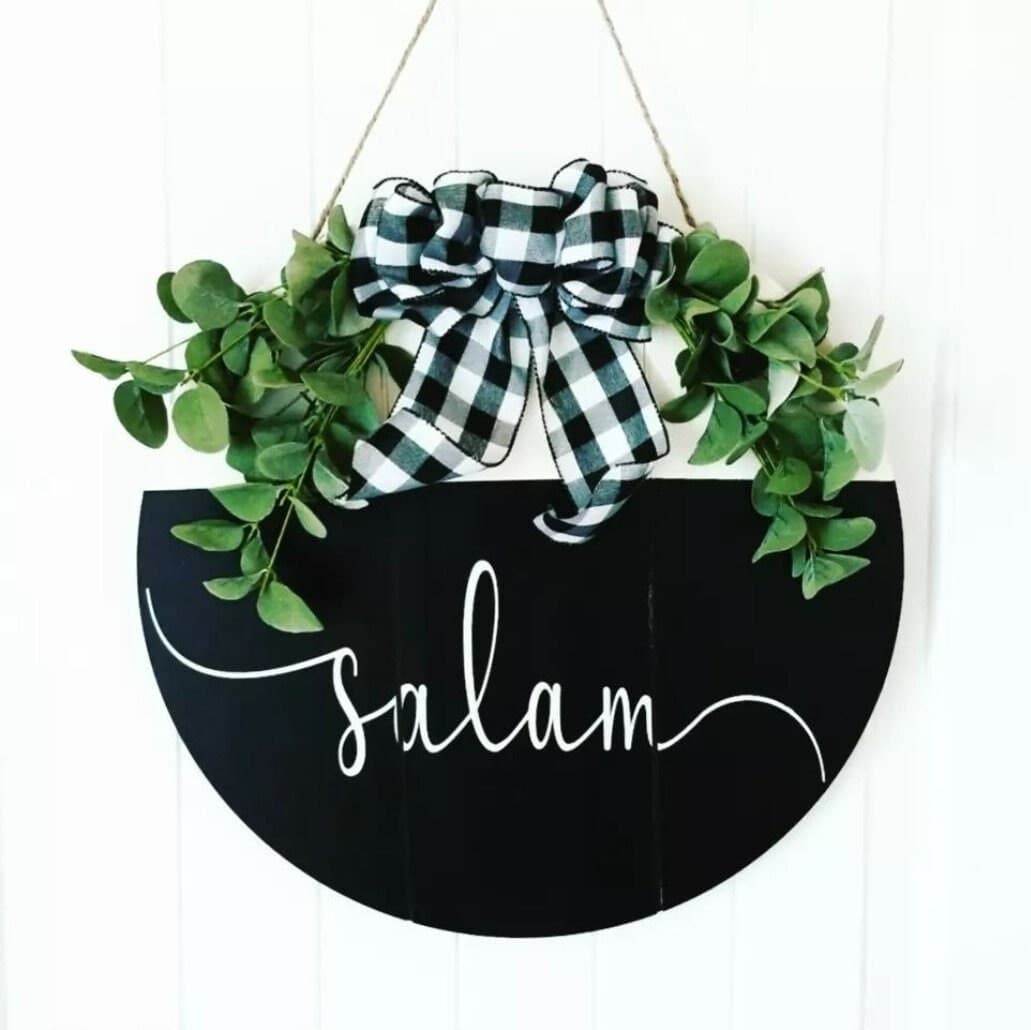 Salam Sign, WELCOME, Welcome to our home, Wood Round Welcome Sign, Front Door Décor, Hanger, Wreath, Home Décor, black and white, Islamic